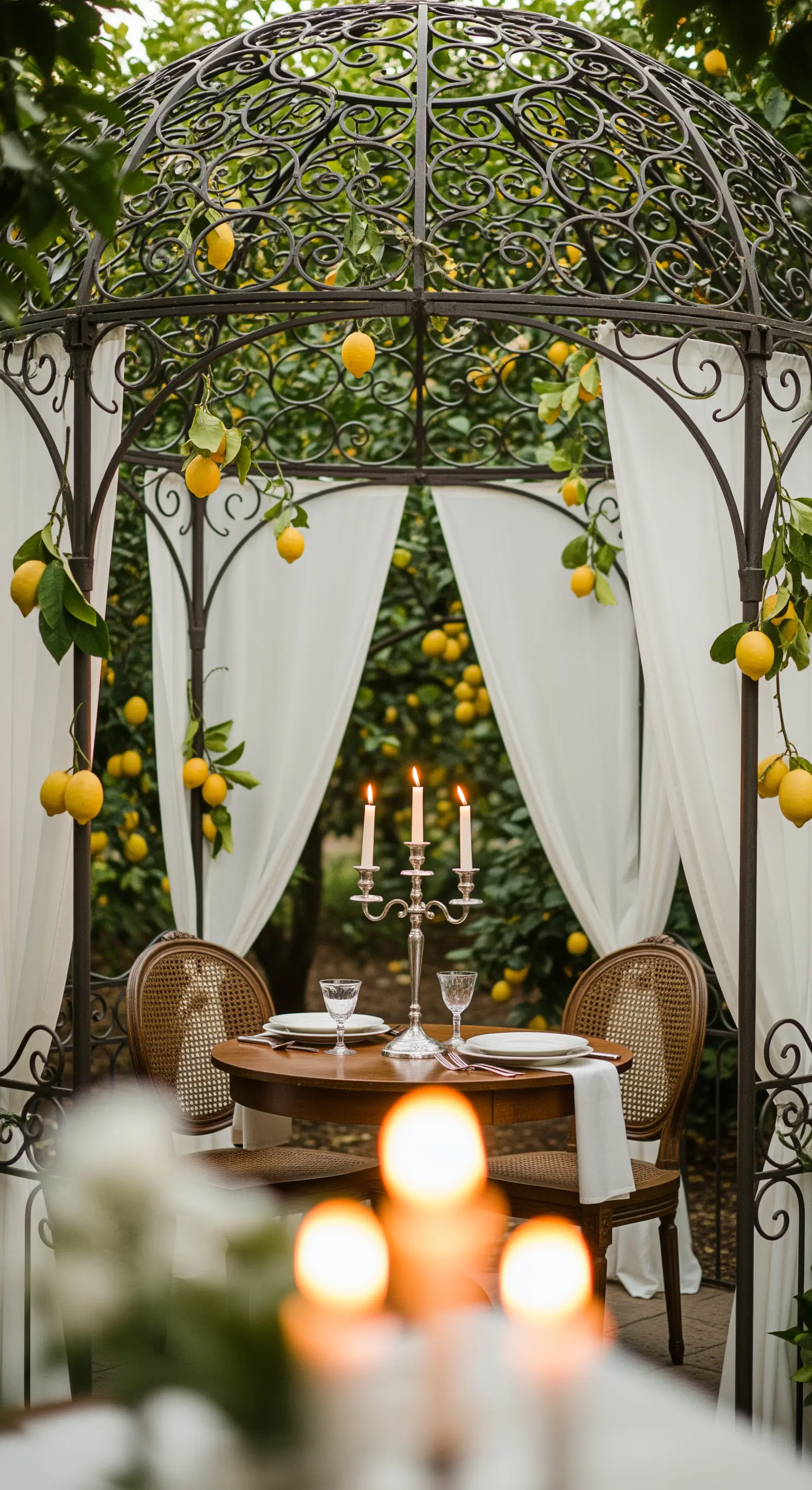 Romantisches Gartenzelt mit Vorhängen, gedecktem Tisch, Kerzenleuchter und Zitronenbäumen