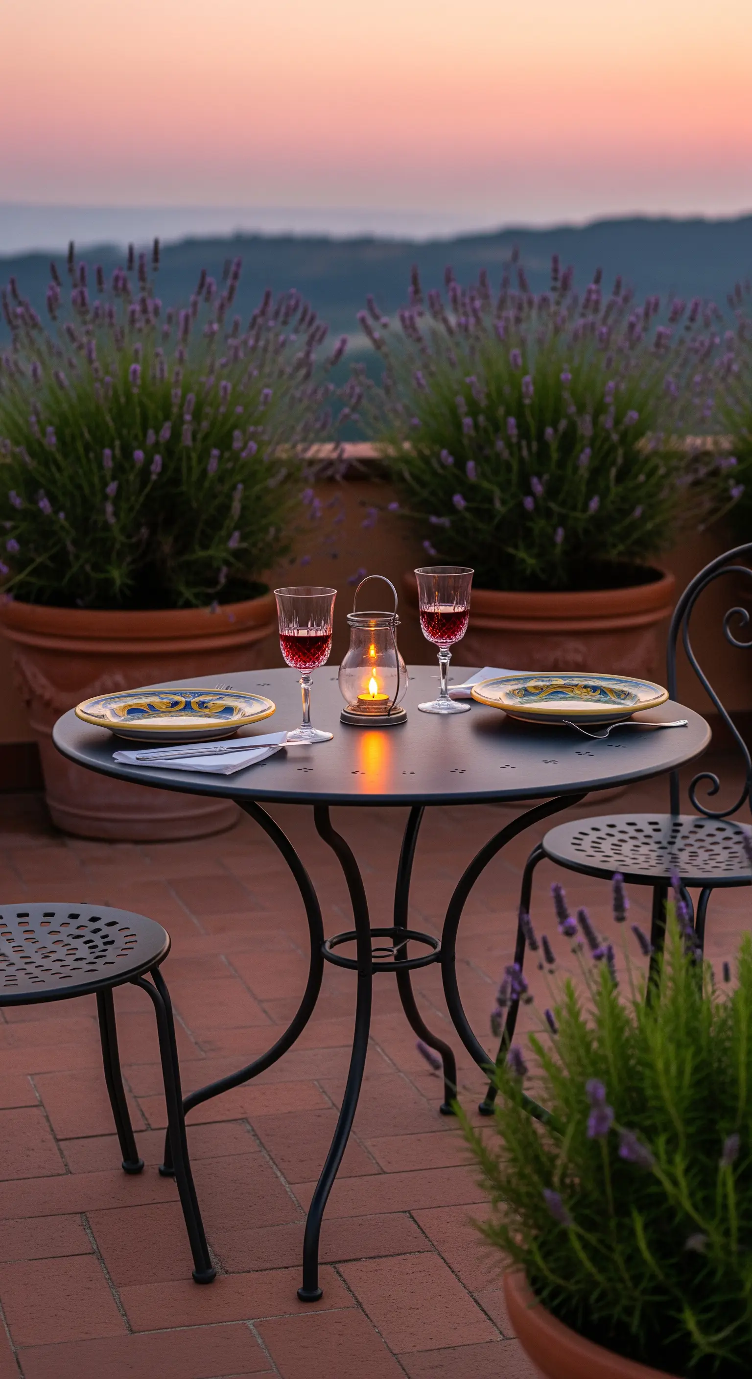 Kleiner Bistrotisch mit Laterne und Lavendelpflanzen auf Dachterrasse bei Sonnenuntergang