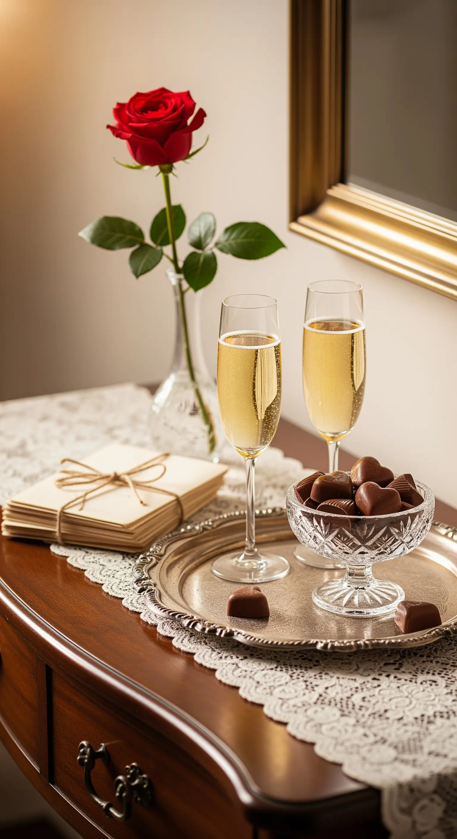 Beistelltisch mit einzelner roter Rose, Champagnergläsern, Pralinen und Silberteller.