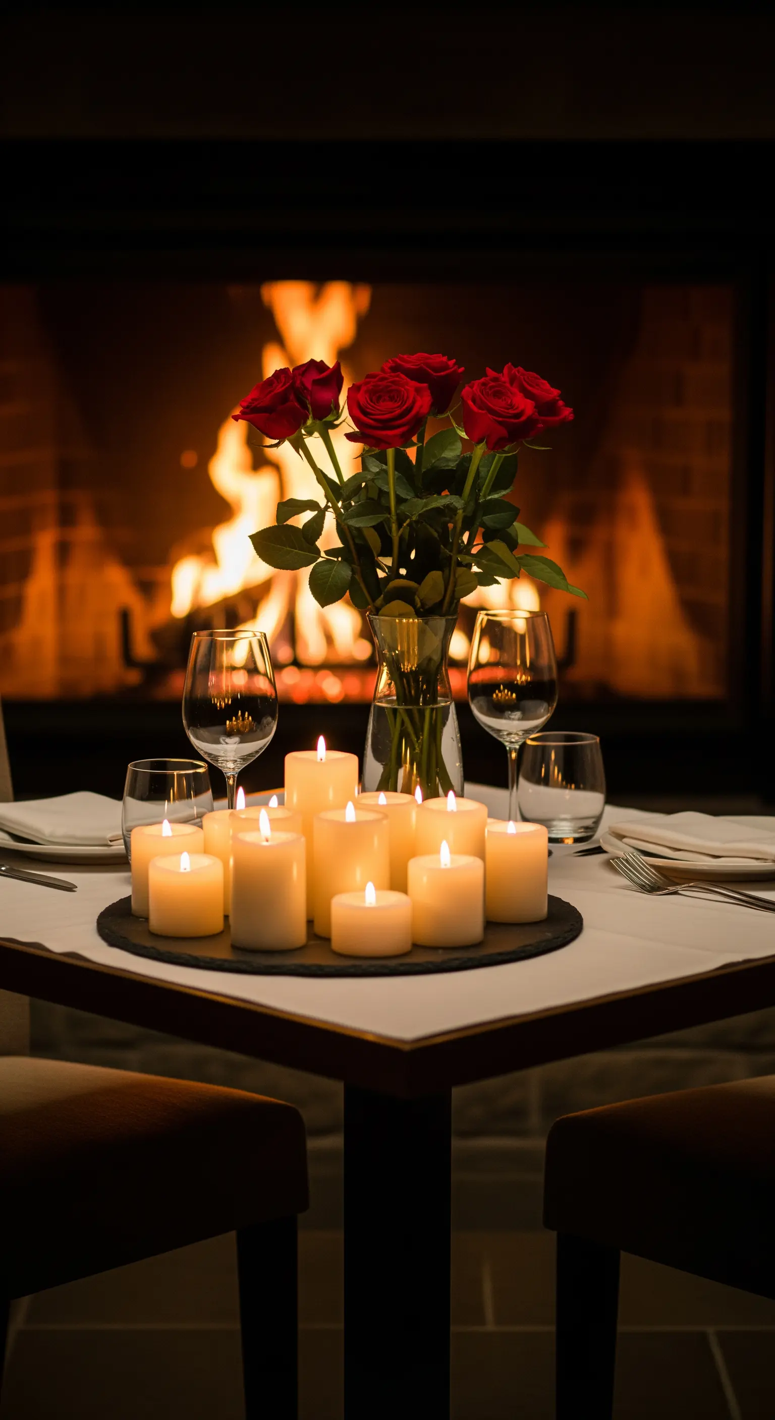 Romantisches Dinner für zwei vor dem Kamin mit roten Rosen und Kerzen.