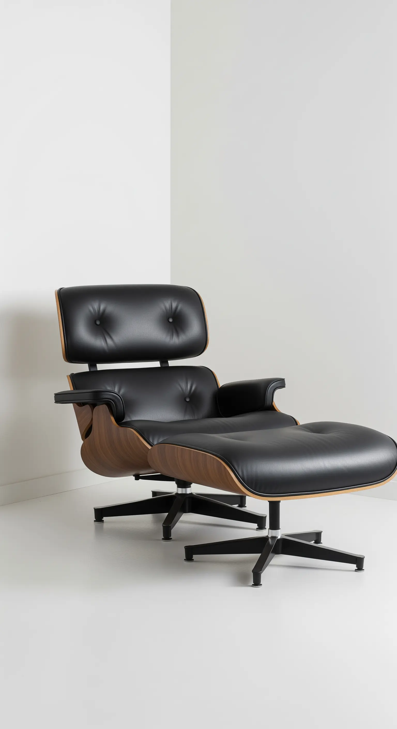Der ikonische Eames Lounge Chair mit Ottoman in schwarzem Leder und Holz.