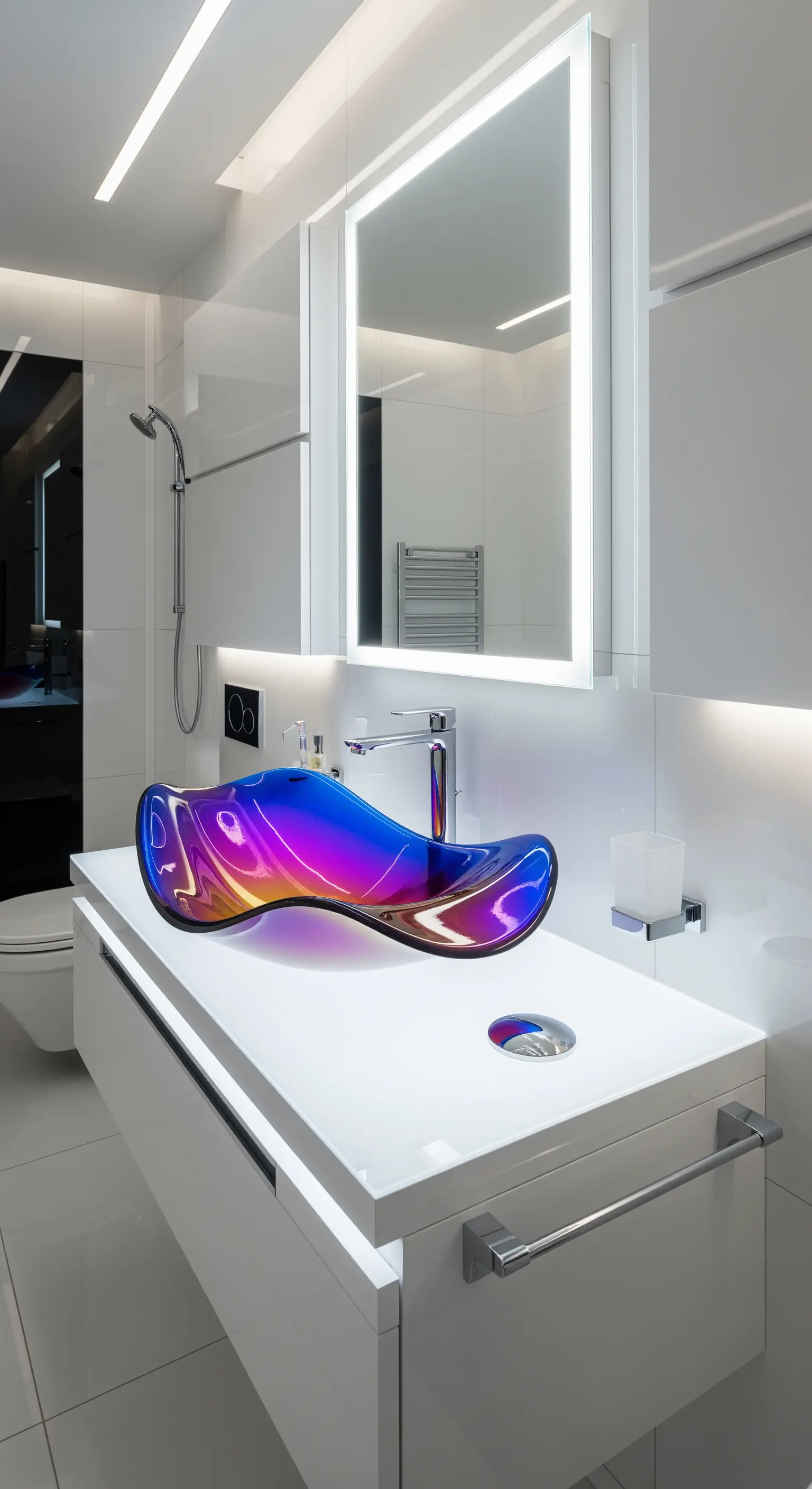 Aufsatzwaschbecken aus schillerndem, buntem Glas auf einem weißen Waschtisch.