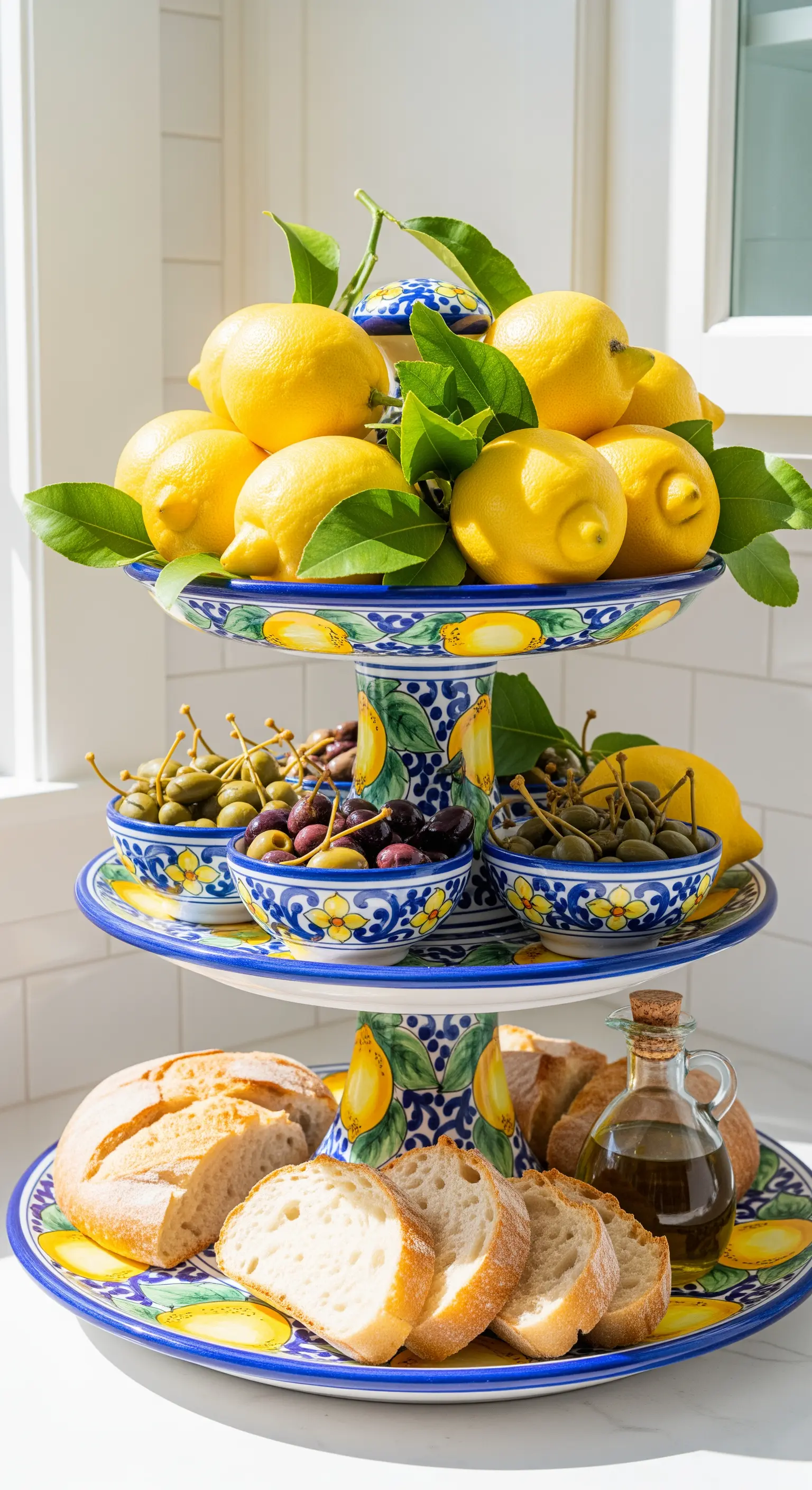 Handbemalte italienische Keramik-Etagere mit Zitronen, Oliven, Kapern und frischem Brot.