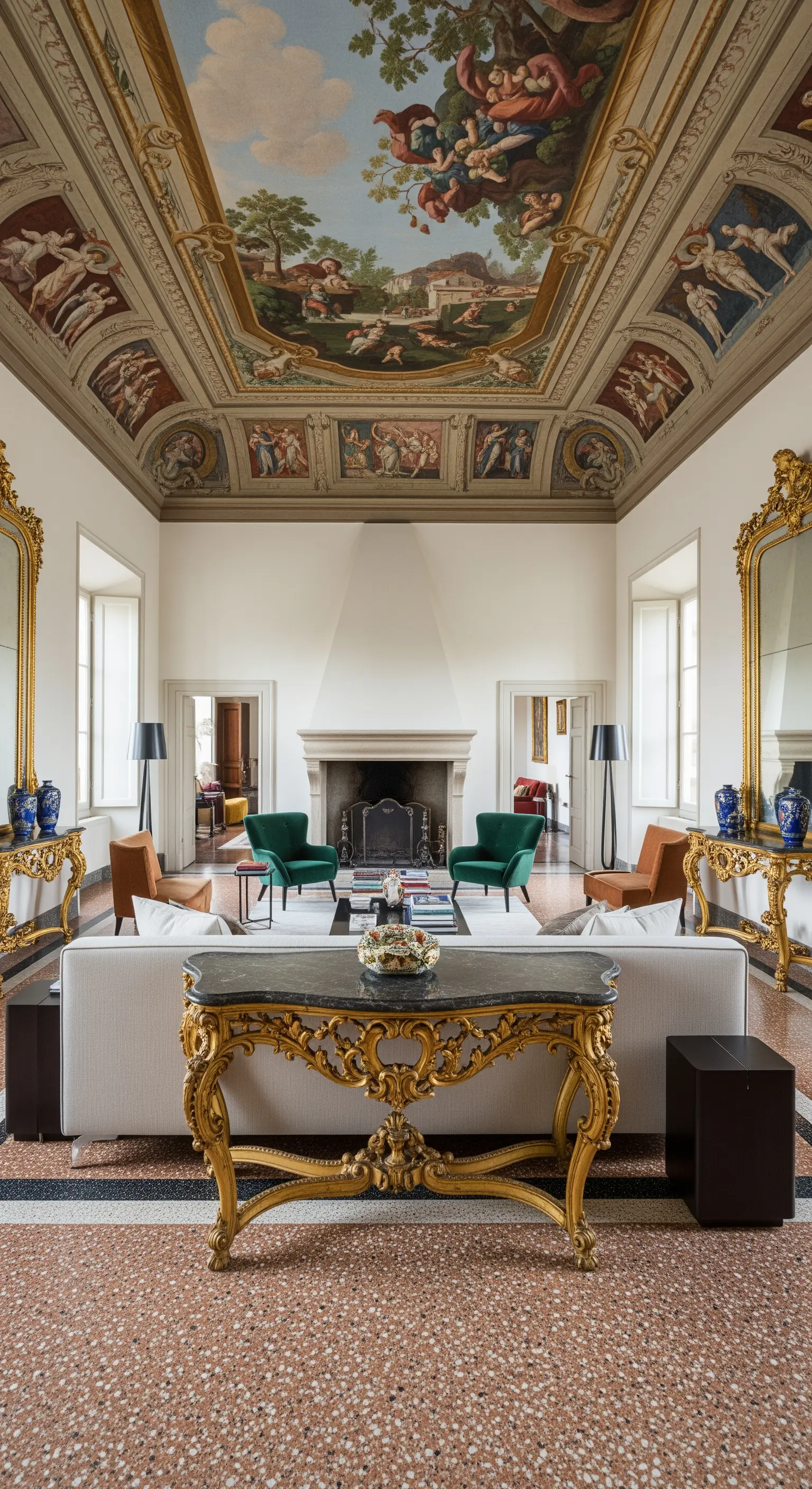 Großer Saal mit Deckenfresko, opulenten Goldspiegeln und modernen Designermöbeln.