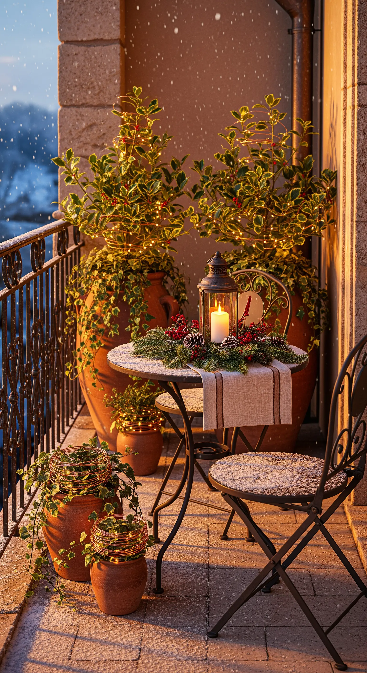 Italienischer Balkon mit Terrakottatöpfen, beleuchteten Pflanzen und festlichem Bistrotisch