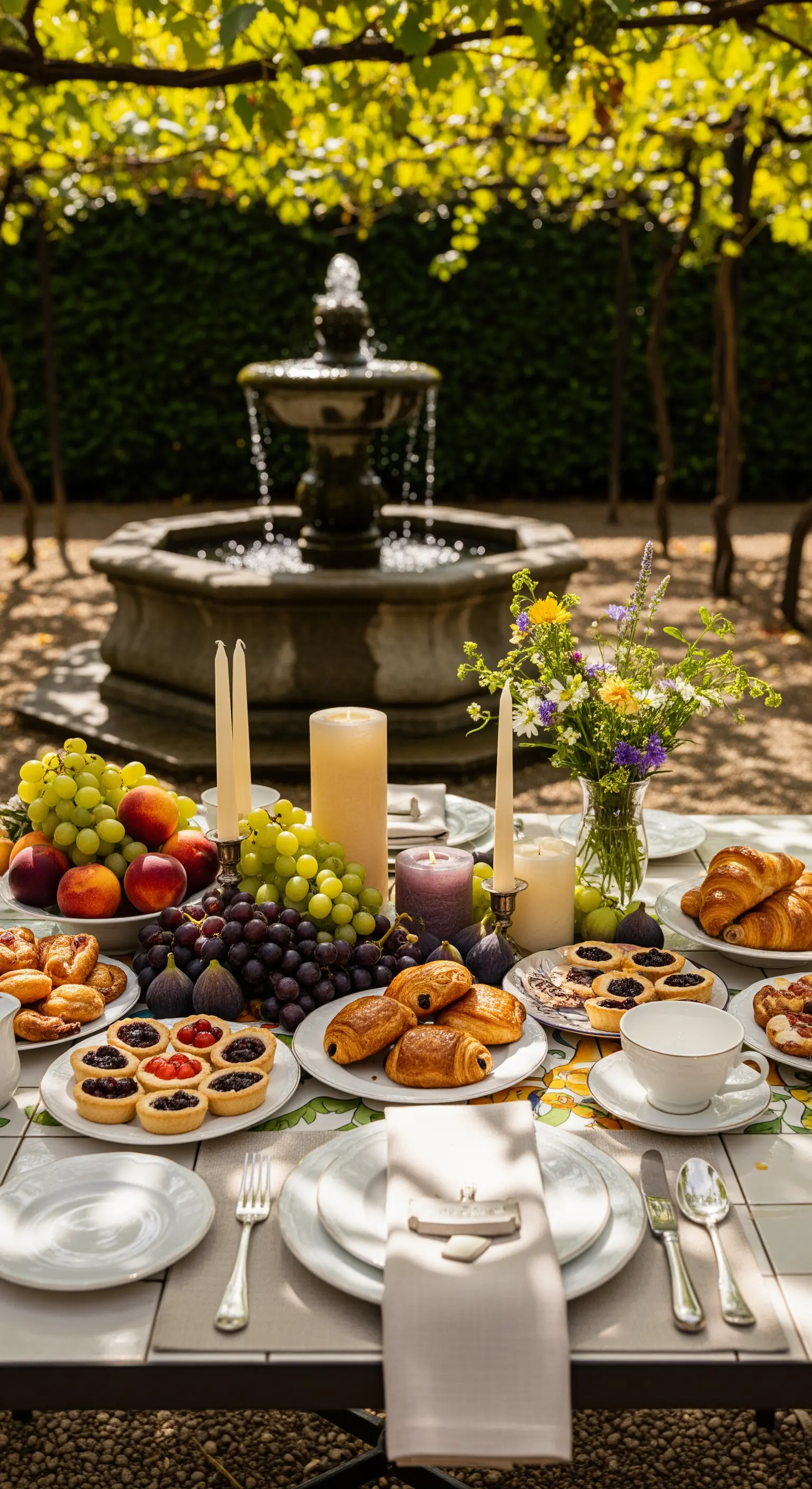 Frühstückstisch im Grünen mit Brunnen, Früchten, Gebäck und Blumen