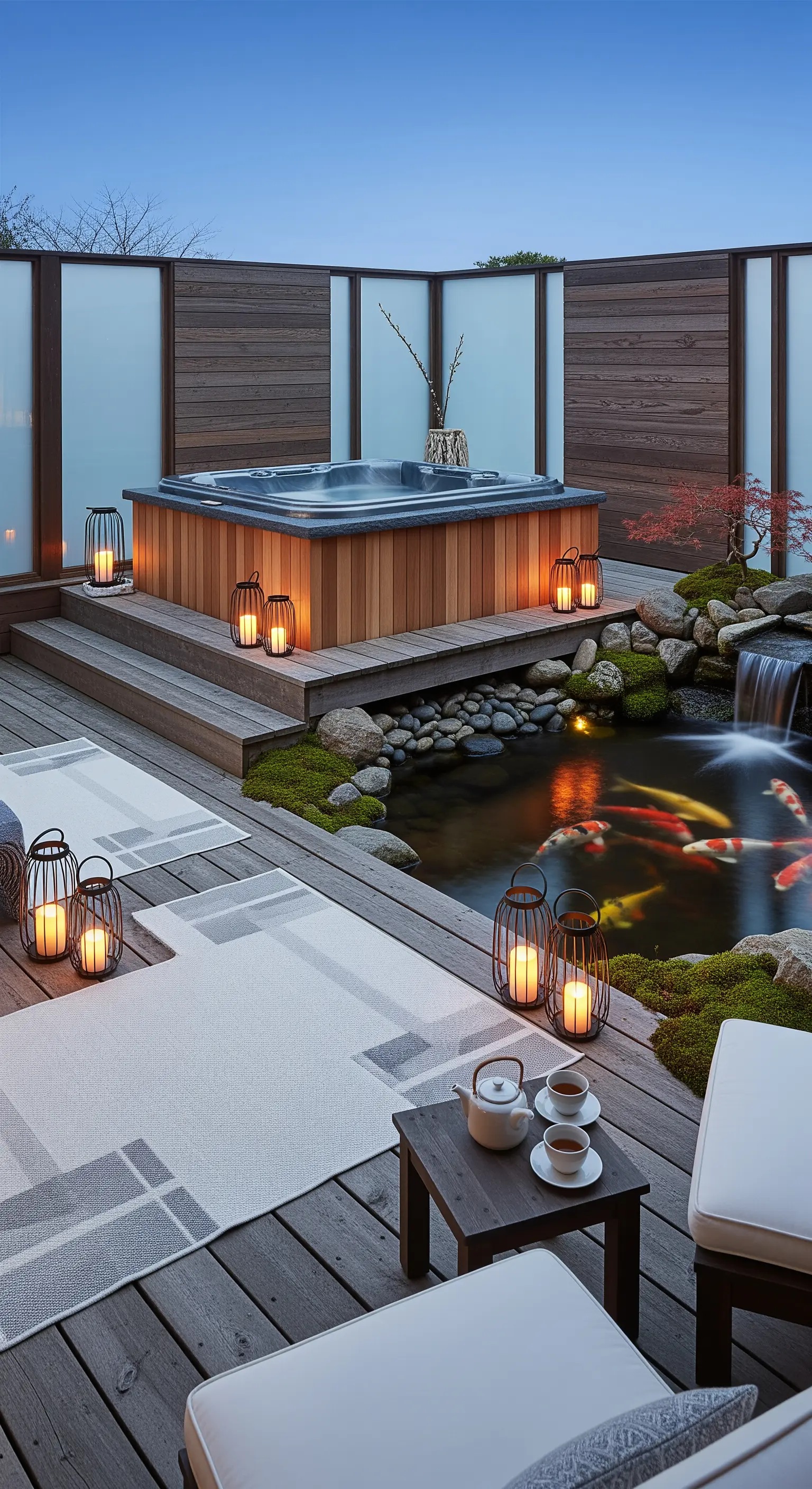 Jacuzzi, Koiteich, Wasserfall, Laternen, Holzdeck