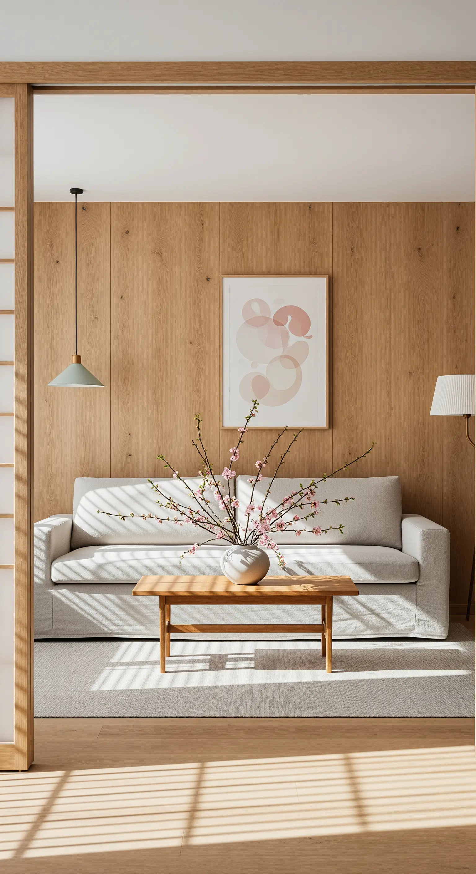 Minimalistisches Japandi-Wohnzimmer mit Holzwand und einem einzelnen Blütenzweig.