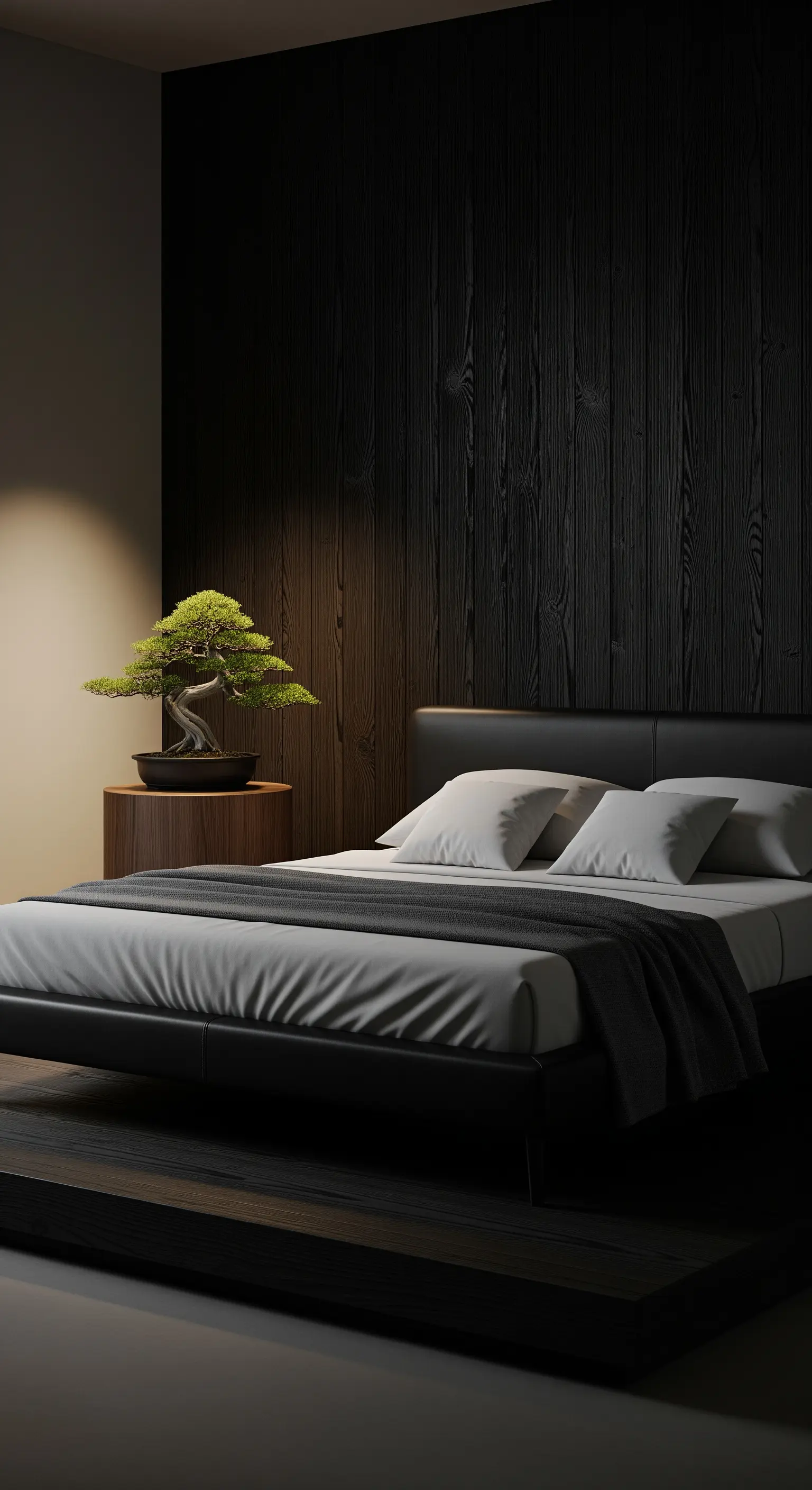 Japandi-Schlafzimmer mit dunkler Holzvertäfelung, schwarzem Bett und Bonsai-Baum