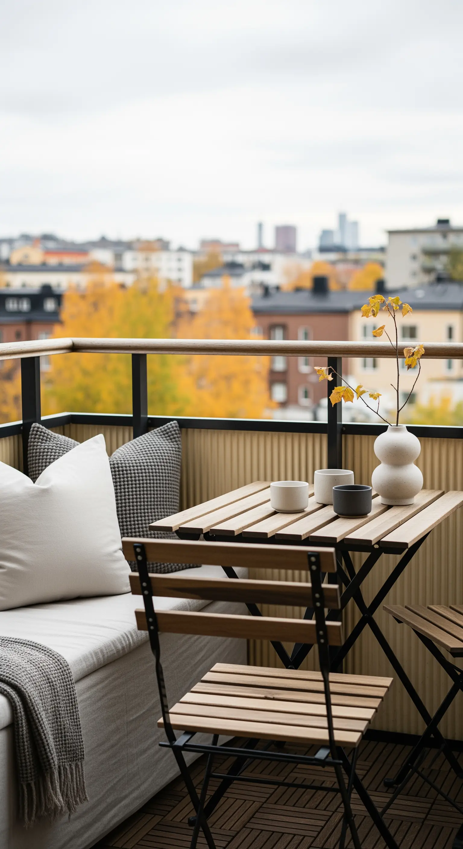 Japandi Balkon mit Holzwand, Sitzbank, Klapptisch und Herbstdeko