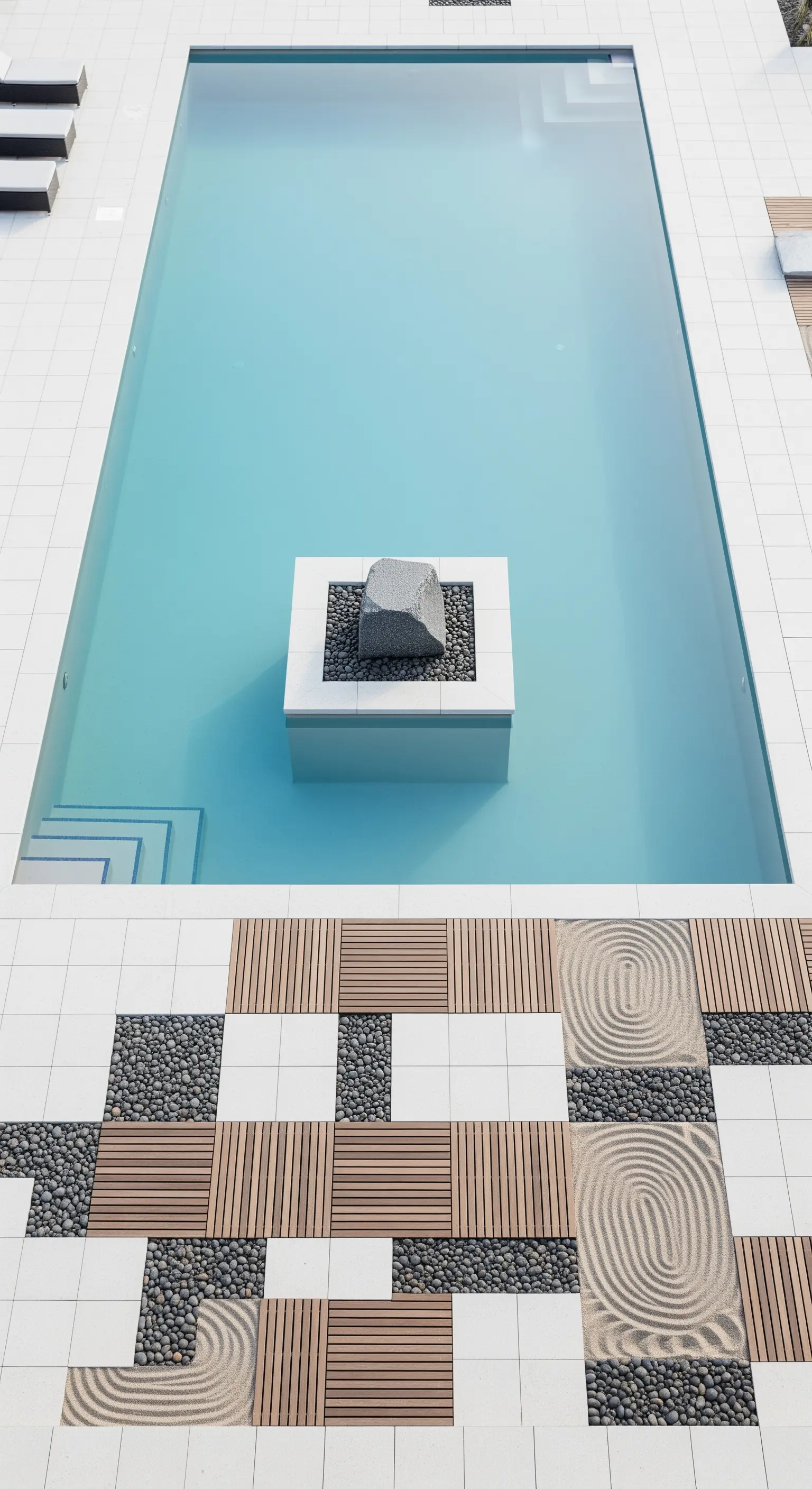 Poolbereich mit geometrischem Bodenmuster aus weißen Fliesen, Holzlamellen, Kieseln und geharktem Sand