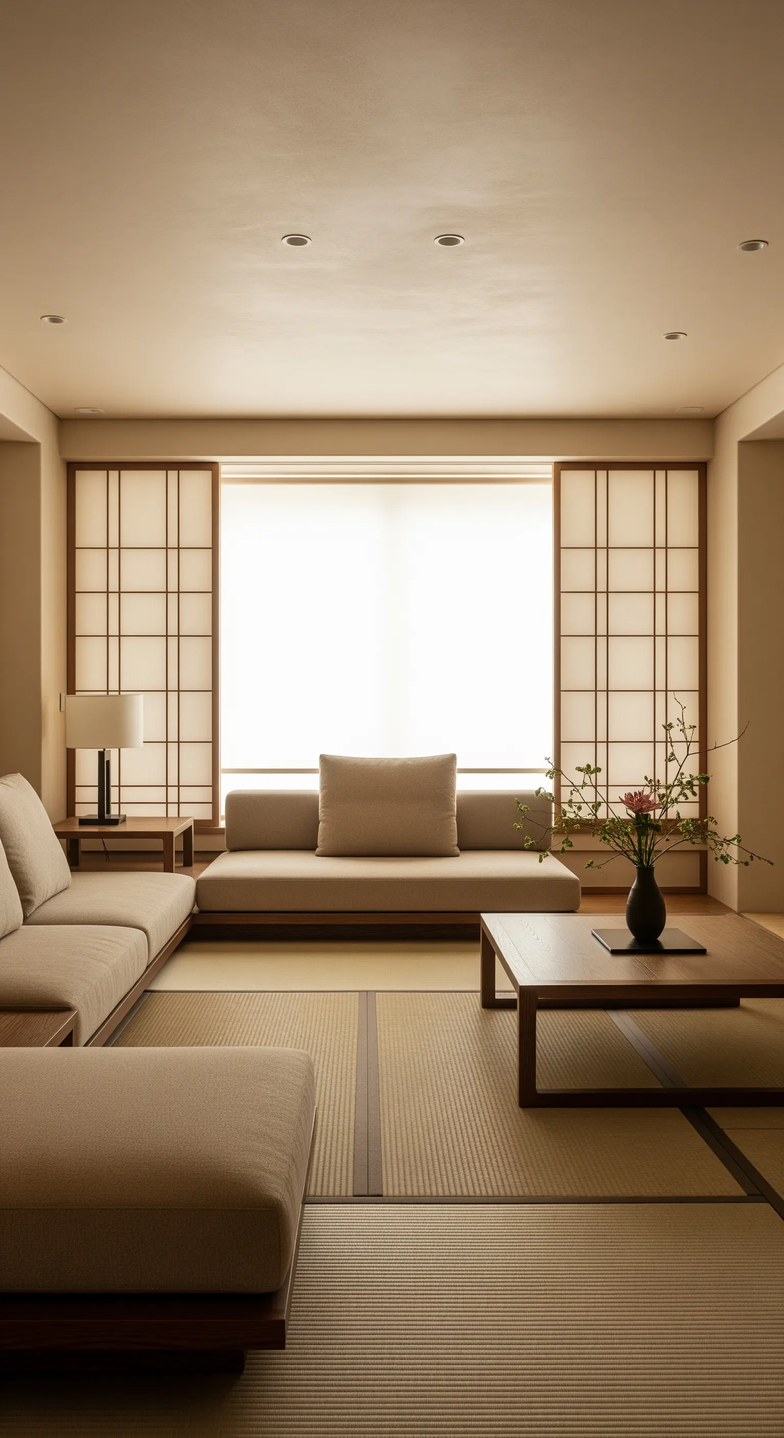 Wohnzimmer im Japandi-Stil mit niedrigen Möbeln, Shoji-Wänden und Tatami-Matten.