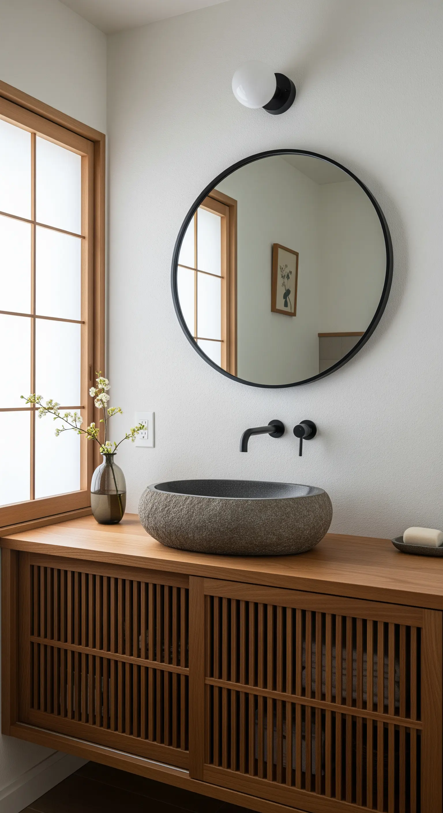 Japandi-Waschtisch mit Holzlamellen und einem Waschbecken aus Naturstein.