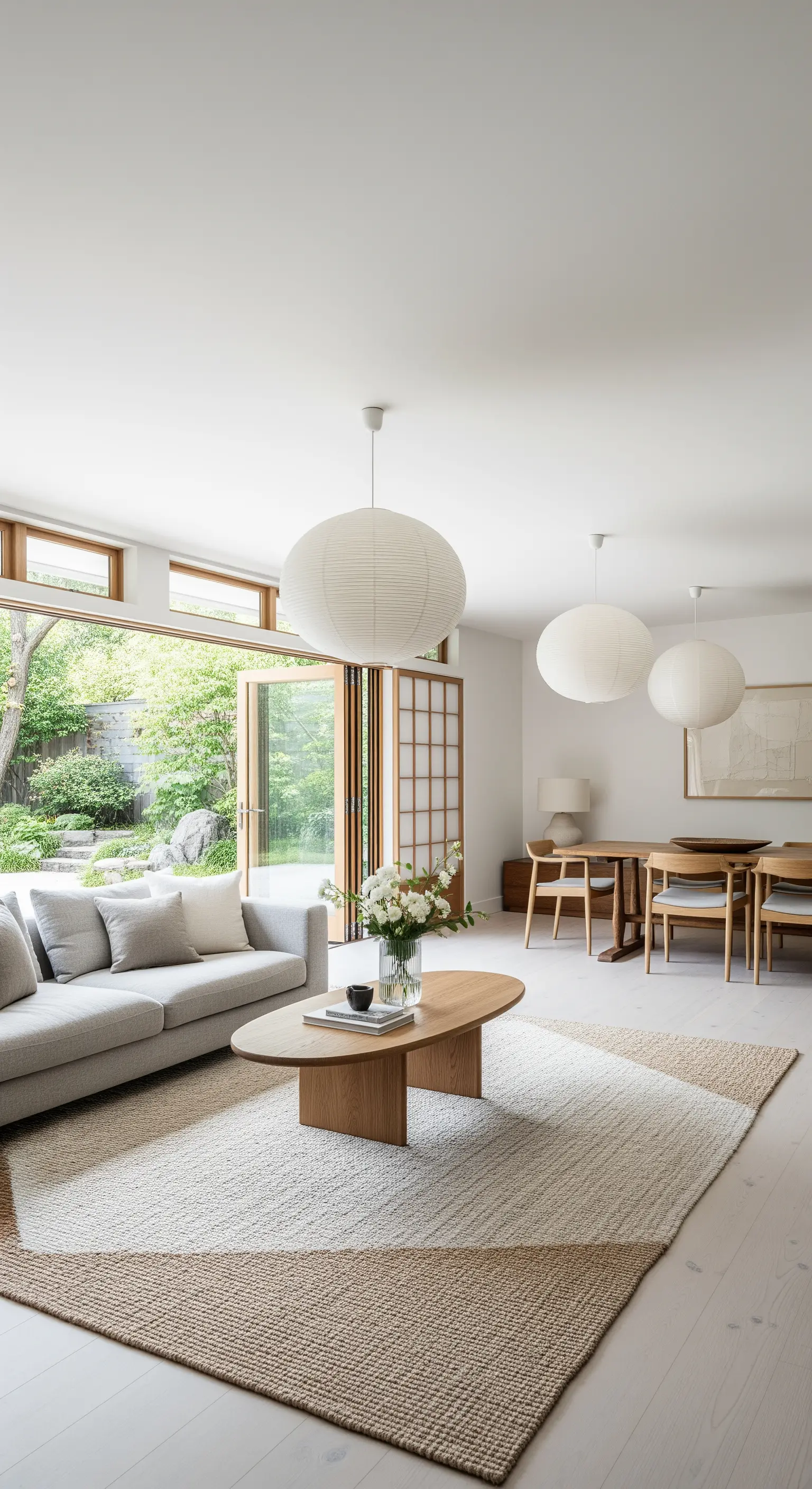 Helles Japandi-Wohnzimmer mit einem Teppich aus Jute und Wolle in geometrischem Design.