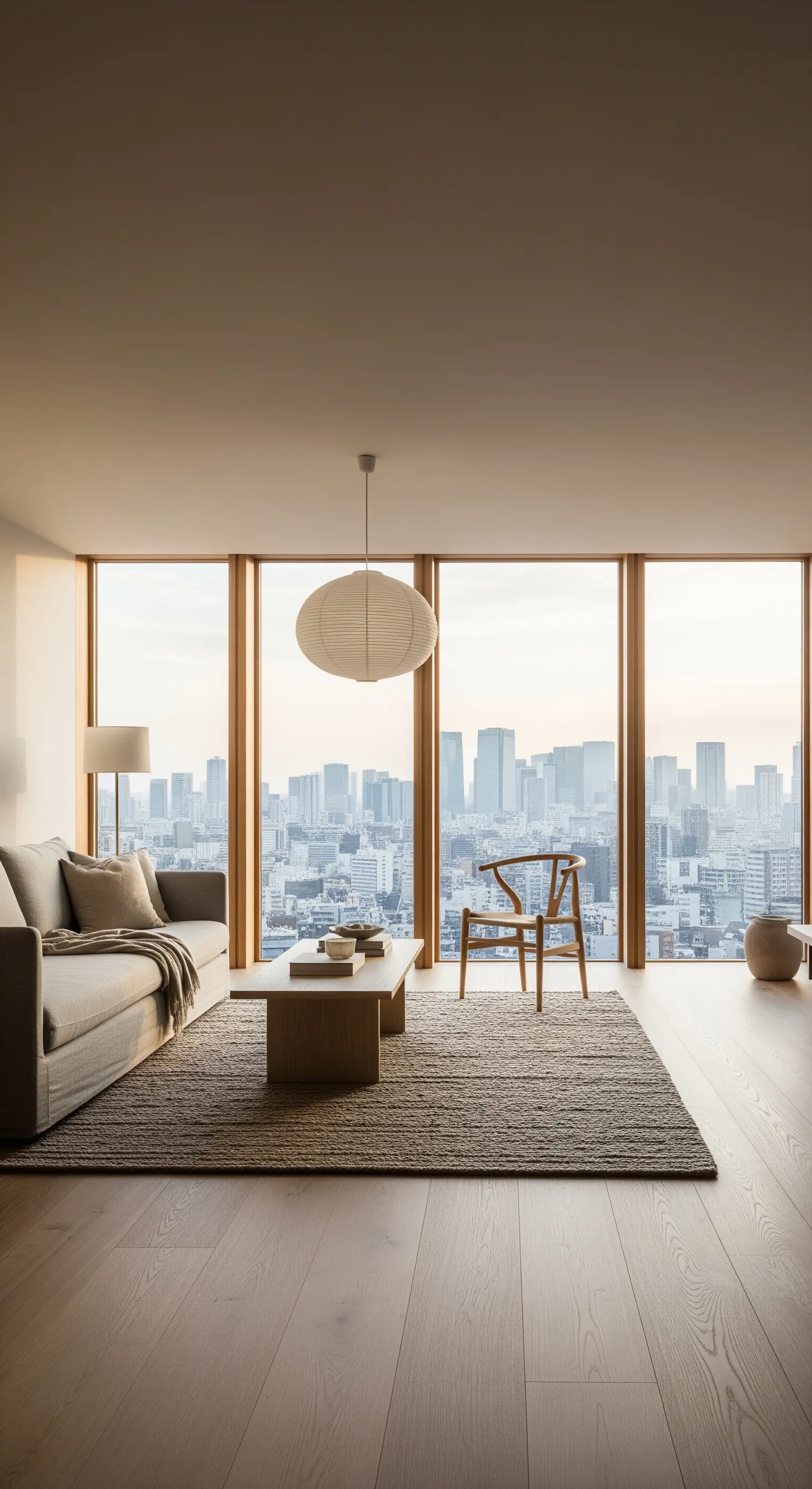 Minimalistisches Japandi-Wohnzimmer mit hellen Holzmöbeln und Papierlaterne