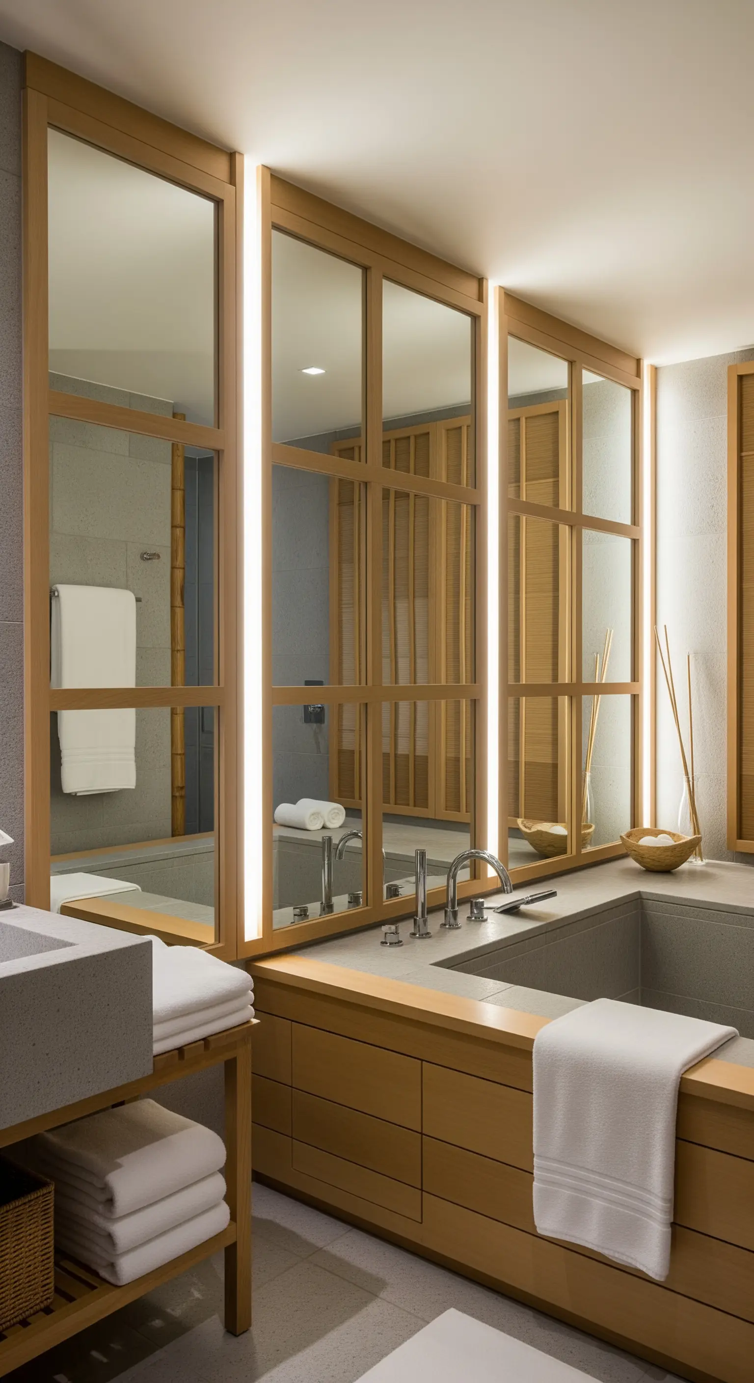 Japandi-Badezimmer mit holzgerahmten Spiegeln und vertikalen LED-Lichtstreifen.