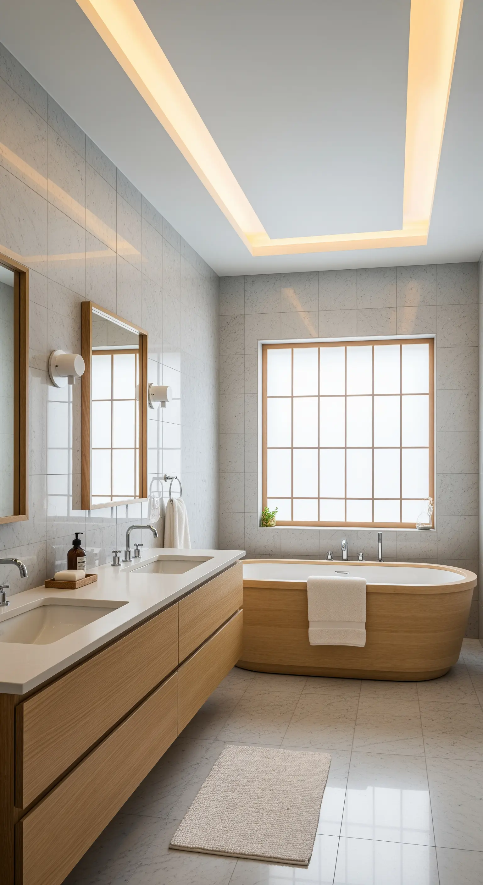 Japandi-Badezimmer mit Holzbadewanne, hellen Fliesen und warmer Deckenbeleuchtung.