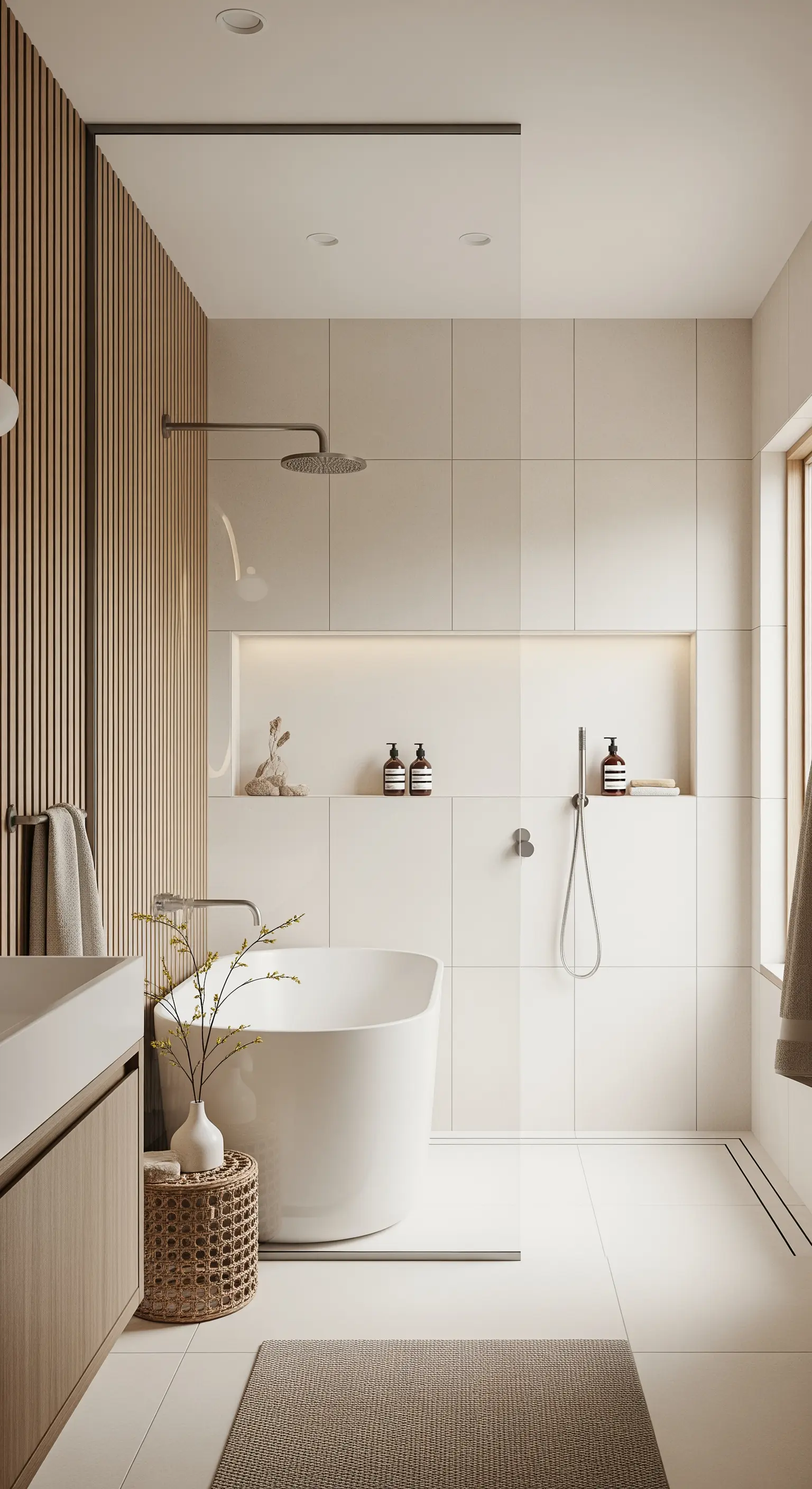 Japandi-Badezimmer mit Holzlamellen-Wand, freistehender Wanne und beleuchteter Nische