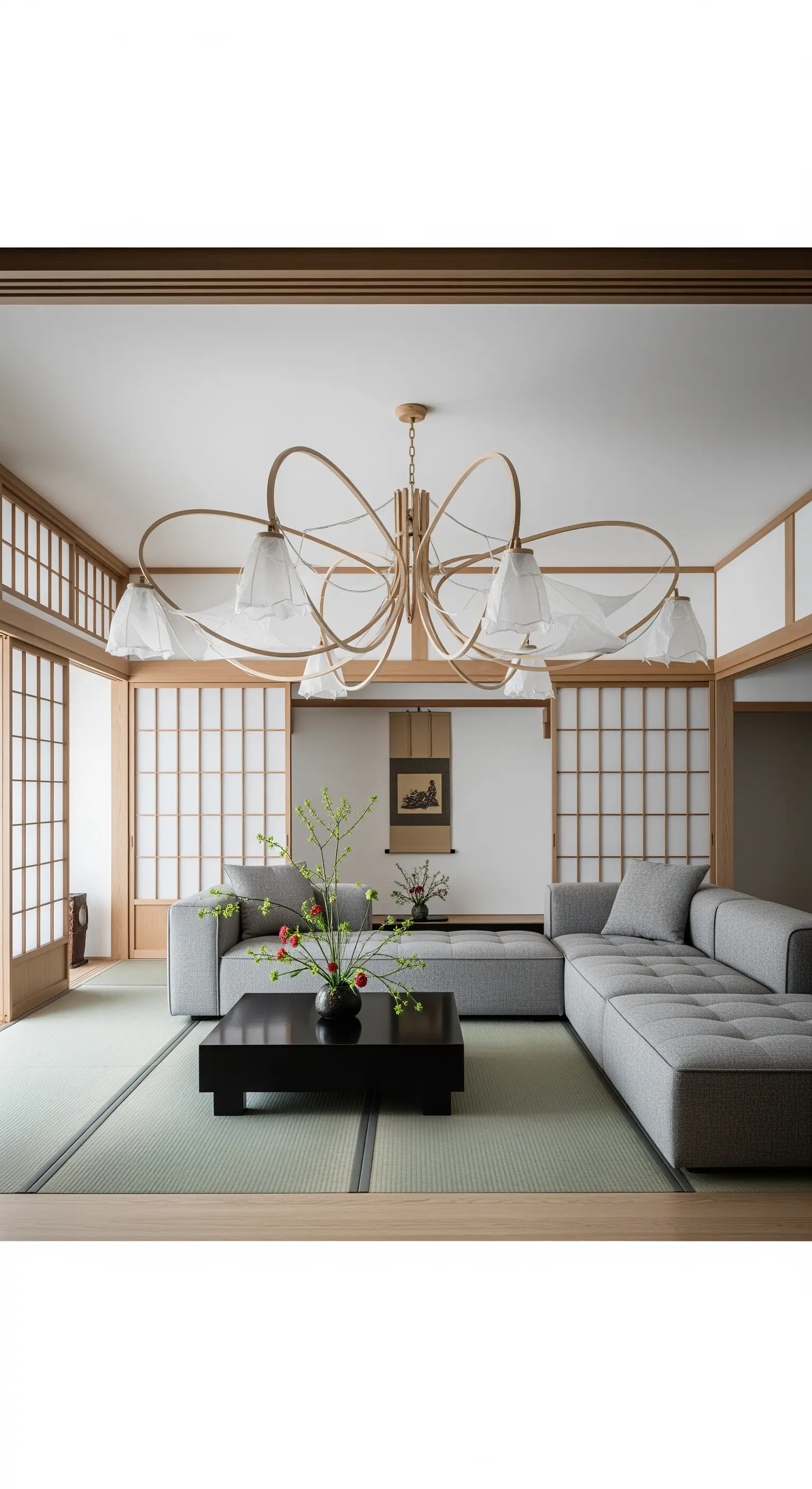 Organisch geformter Kronleuchter aus hellem Holz in einem minimalistischen Wohnzimmer im Japandi-Stil.