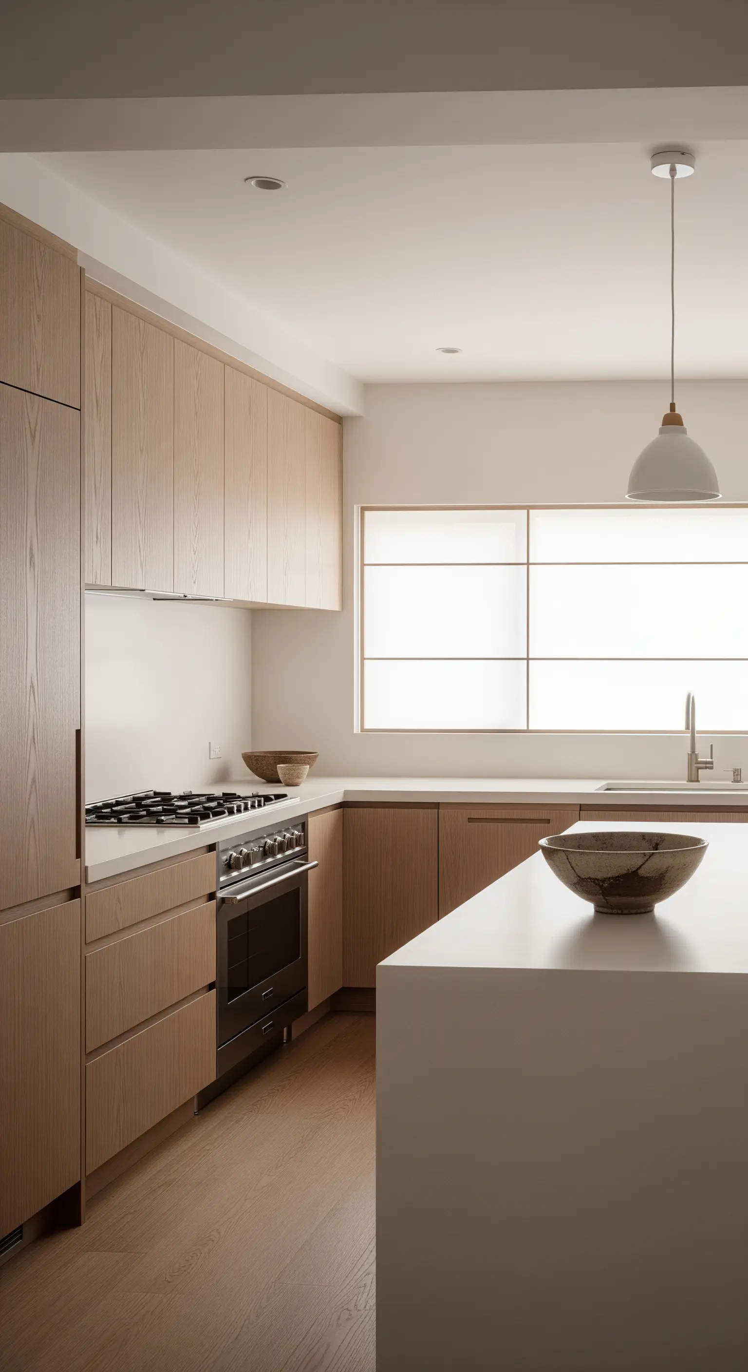 Japandi-Küche mit hellen Holzfronten und Shoji-inspiriertem Fenster