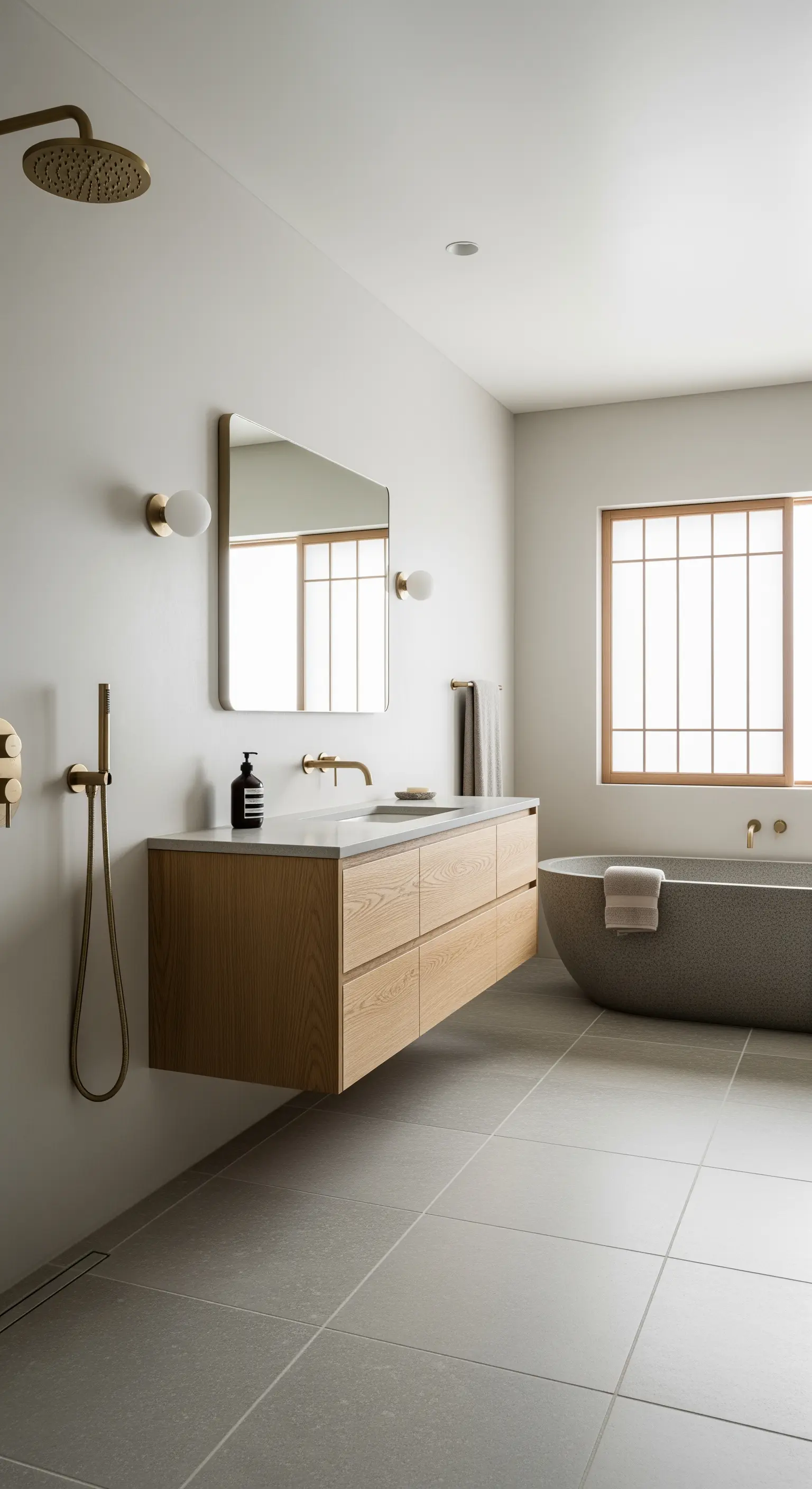 Minimalistisches Japandi-Badezimmer mit heller Holzkonsole und goldener Wandarmatur.