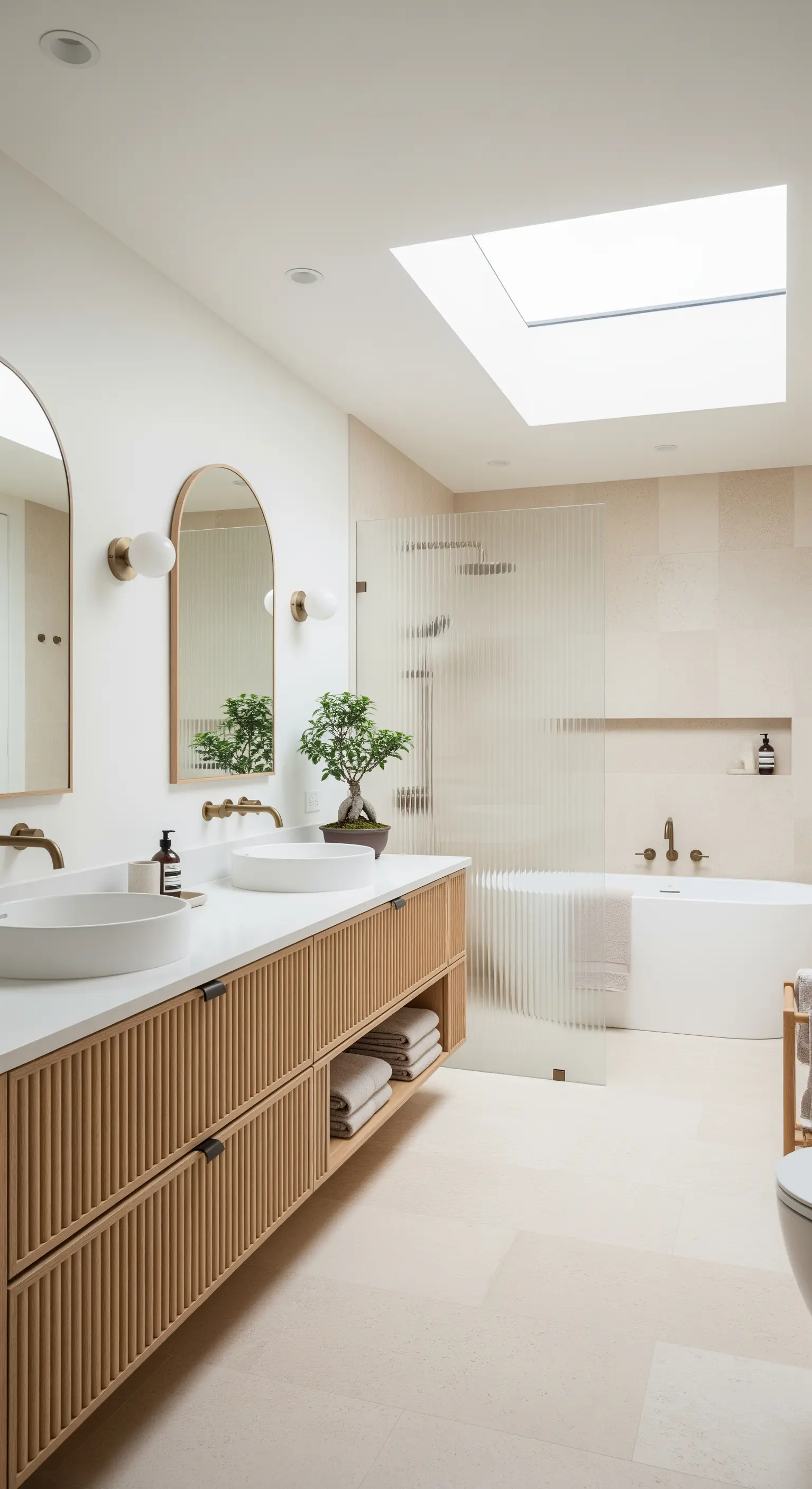 Japandi-Badezimmer mit Lamellen-Waschtisch und Oberlicht für eine ruhige Atmosphäre.