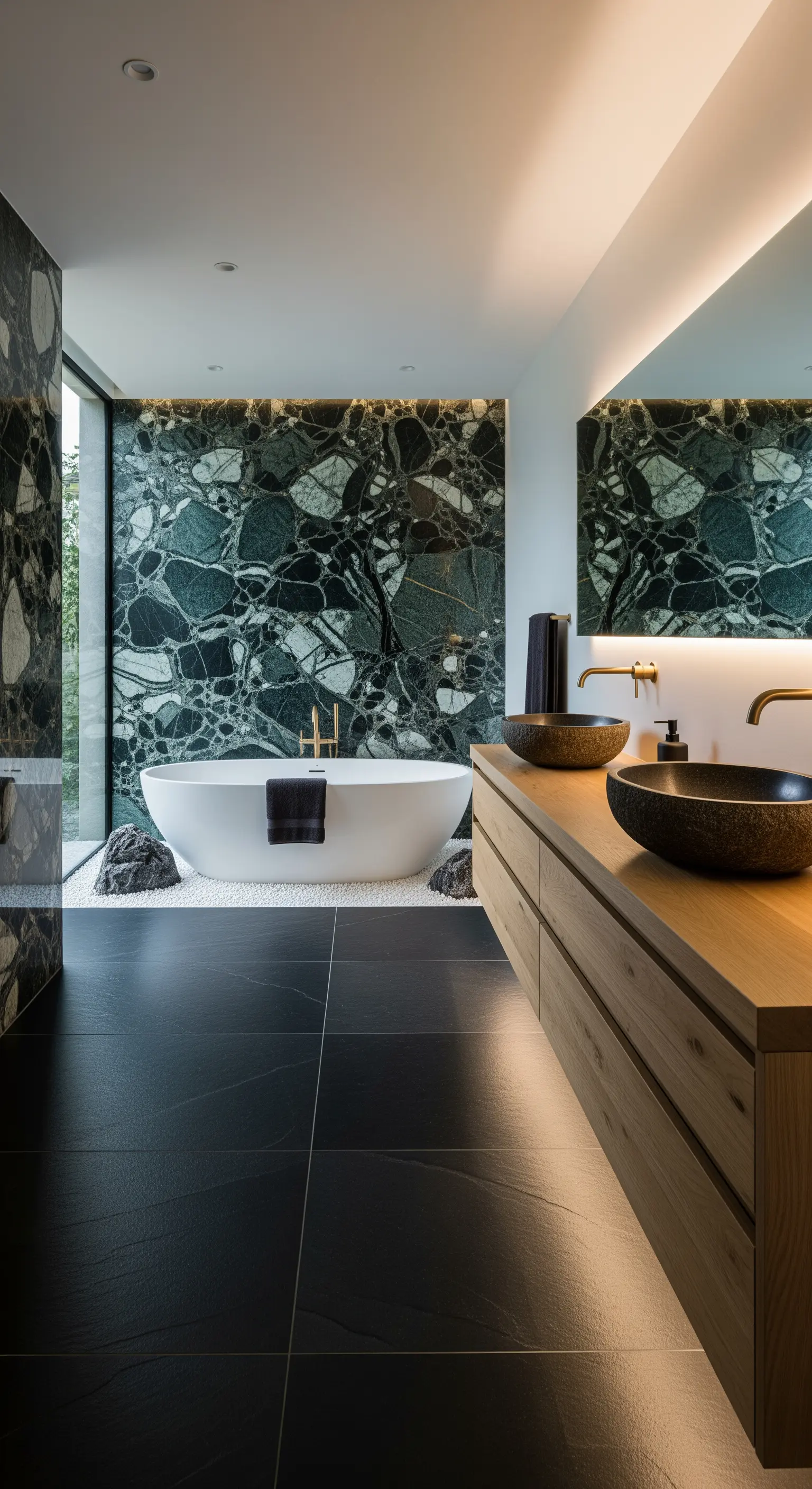 Badezimmer im Japandi-Stil mit grüner Marmorwand, Holzwaschtisch und schwarzen Steinwaschbecken.