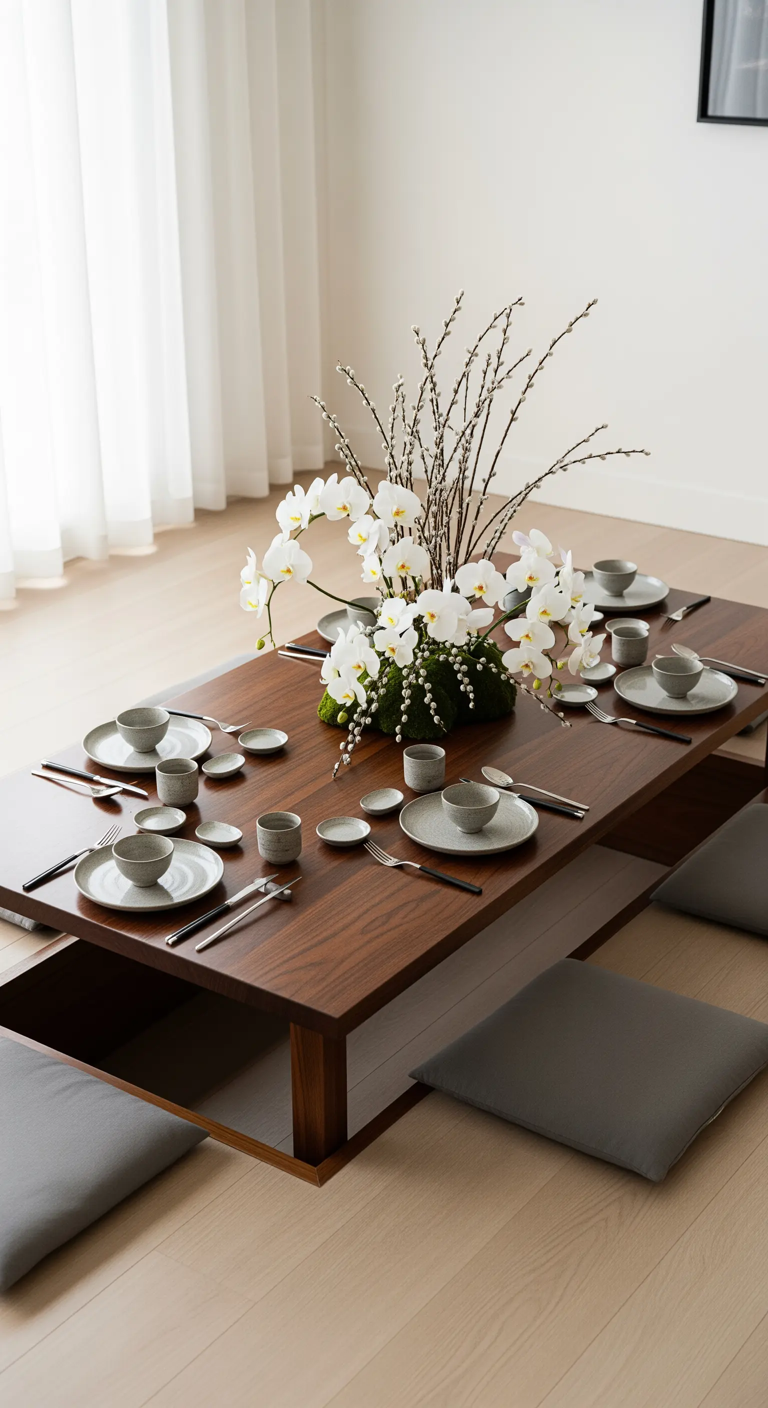 Japandi-inspirierte Ostertafel mit Orchideen, Weidenkätzchen und niedrigem Tisch.