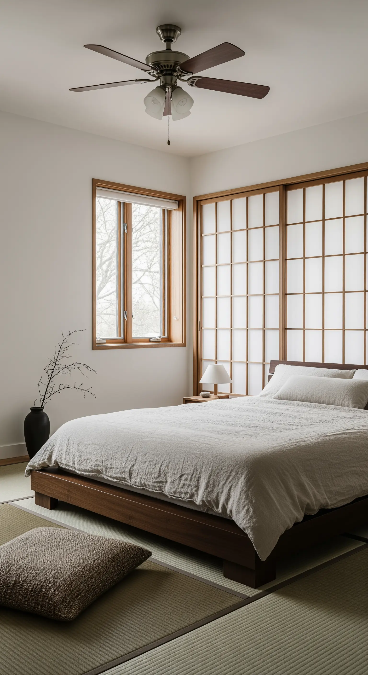 Japandi-Schlafzimmer mit niedrigem Holzbett, Shoji-Schiebetüren und Tatami-Matten.