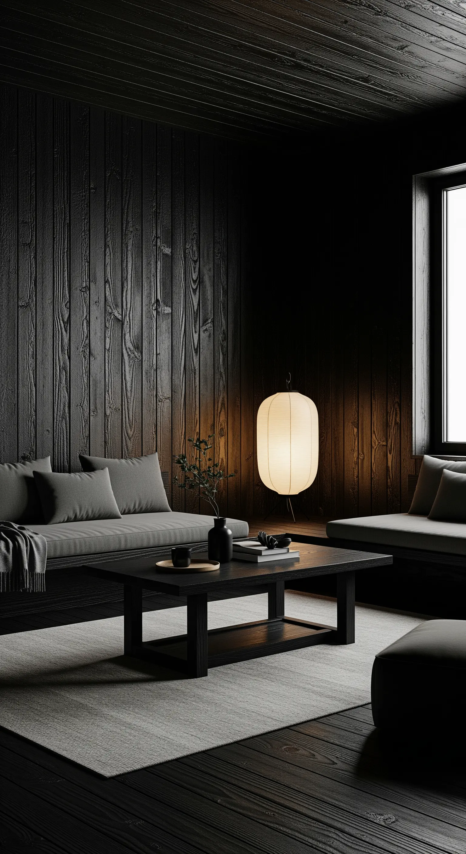 Minimalistisches Japandi-Wohnzimmer mit dunklen Holzwänden und einer leuchtenden Papierlaterne.