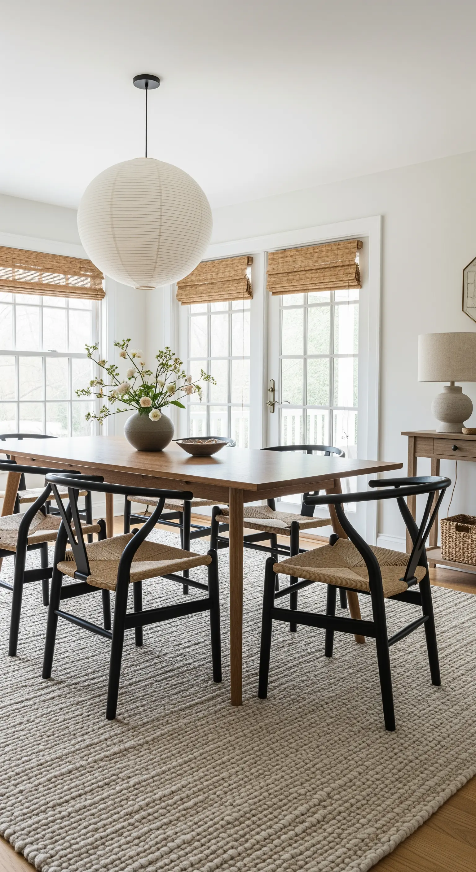 Japandi-Esszimmer mit Wishbone-Stühlen und einer großen Papierlaterne als Lampe.