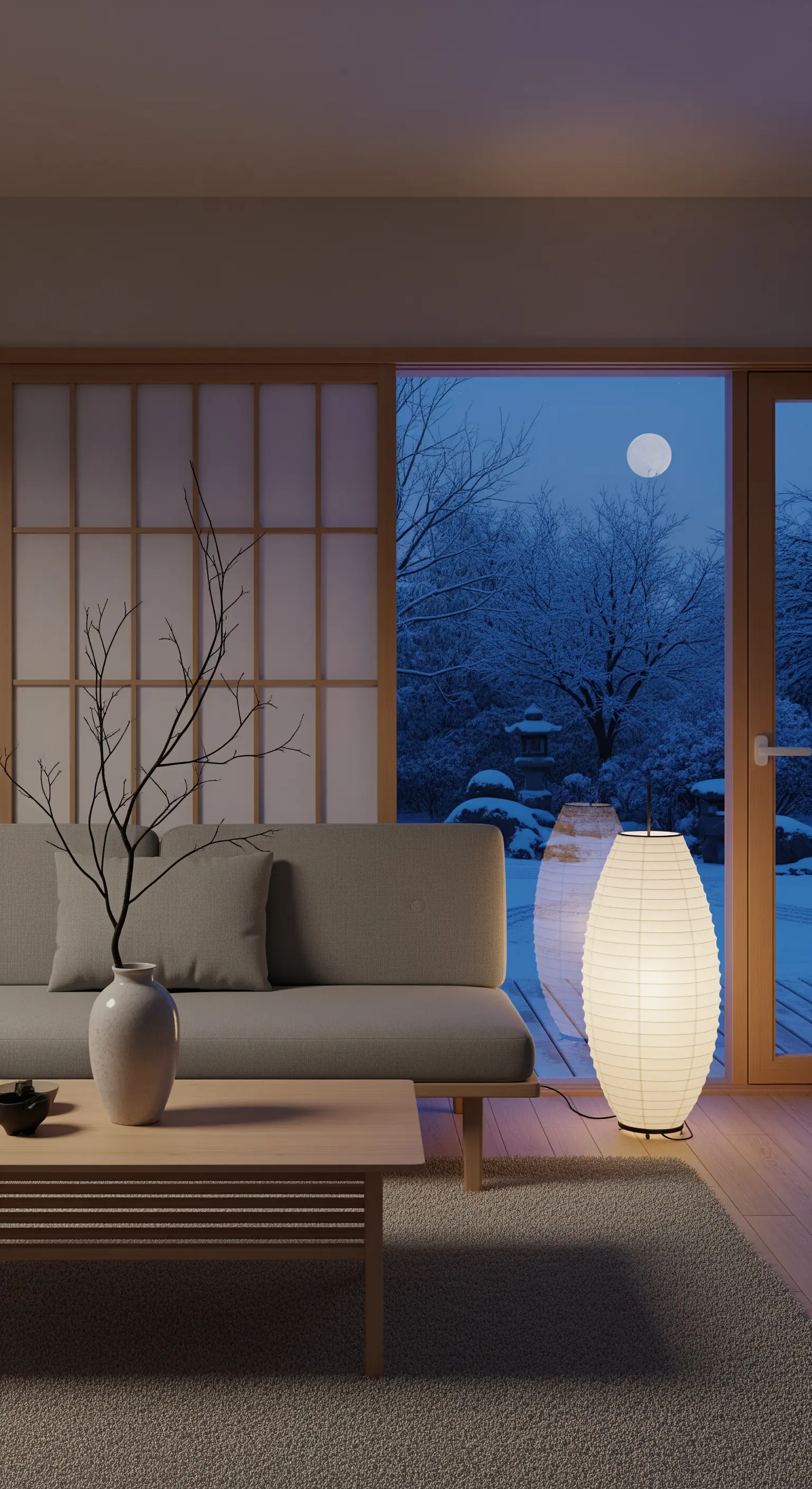 Minimalistisches Wohnzimmer im Japandi-Stil mit Papierlaterne und Blick in einen verschneiten Garten.