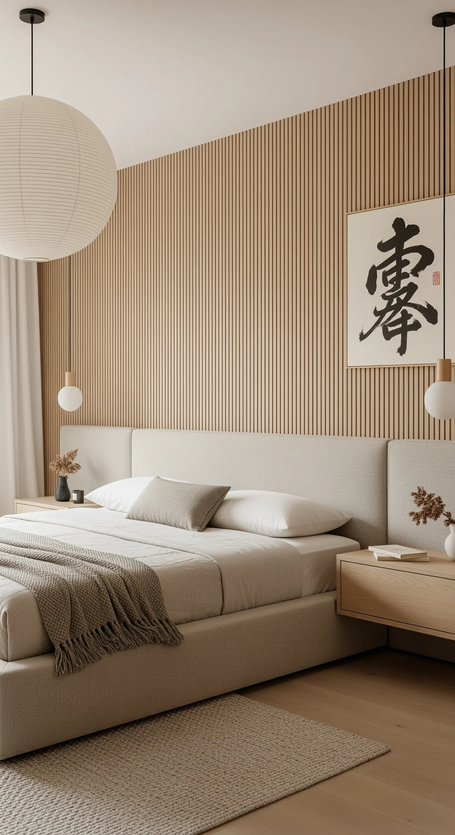 Japandi-Schlafzimmer mit hellem Polsterbett vor einer Holzlamellenwand