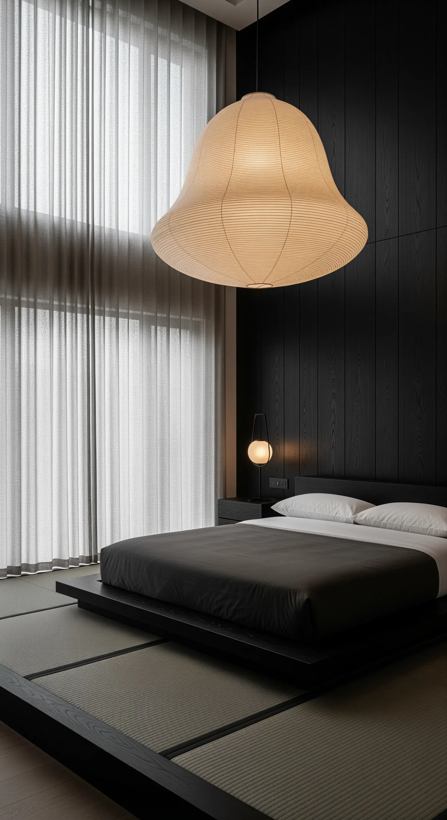 Minimalistisches Japandi-Schlafzimmer mit niedrigem Bett und großer Papier-Pendelleuchte.
