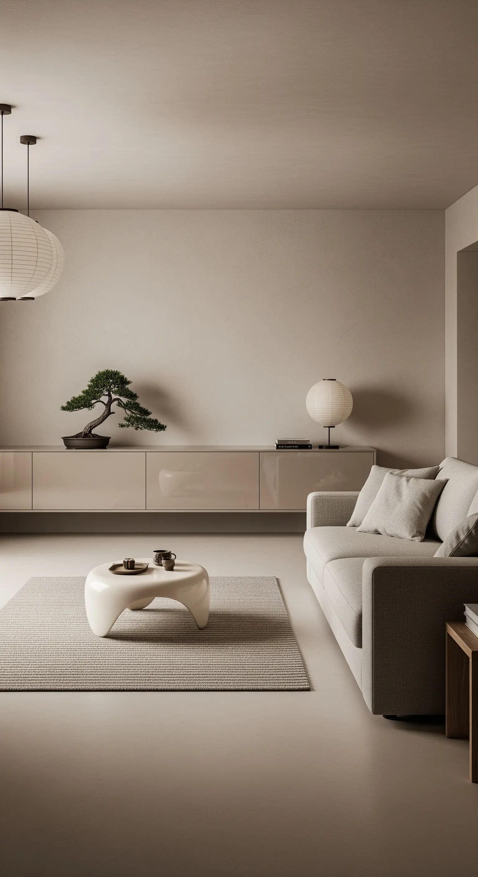 Beigefarbenes Hochglanz-Sideboard in einem minimalistischen Japandi-Wohnzimmer mit einem Bonsai-Baum.