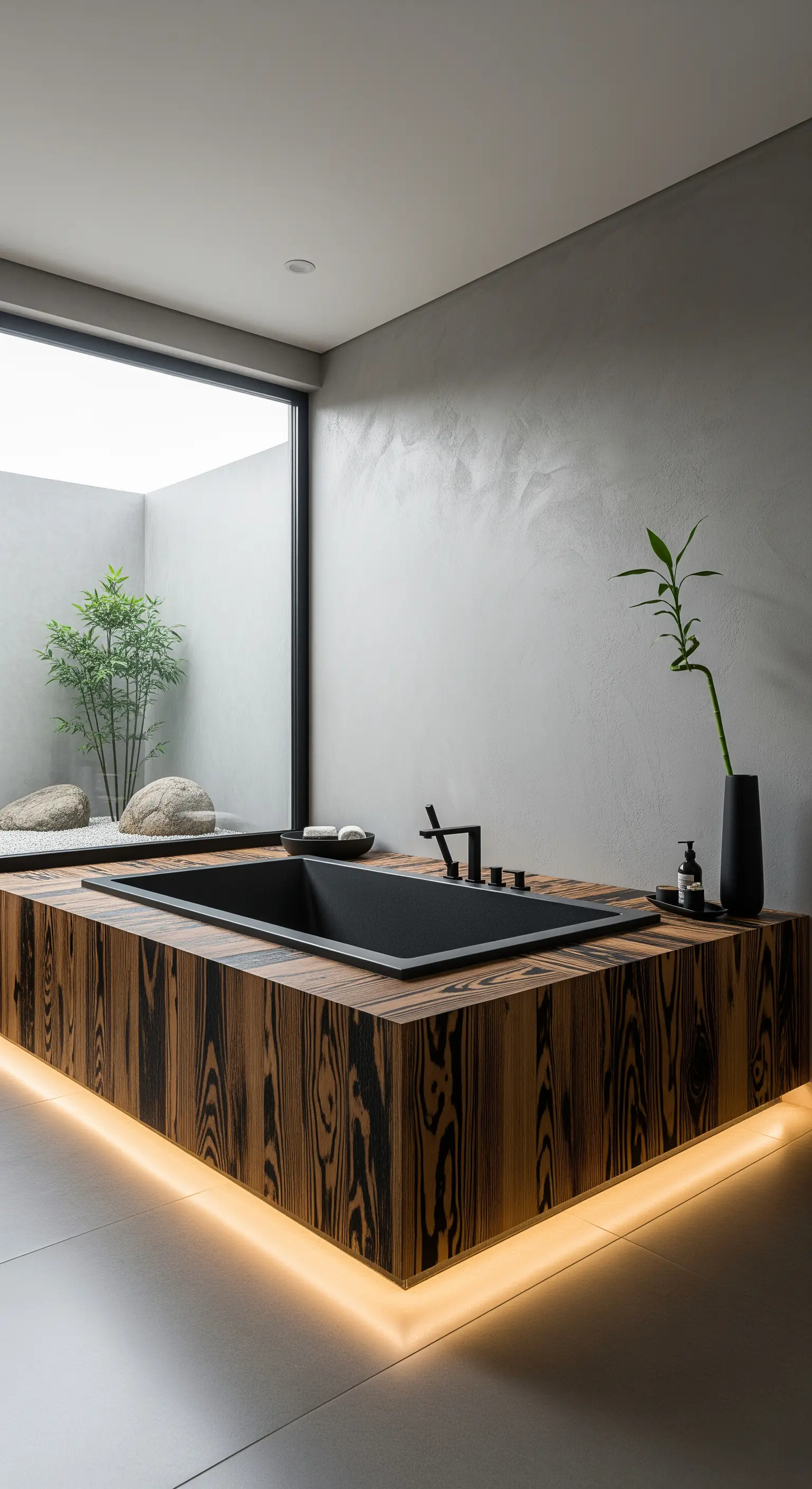 Minimalistisches Badewannen-Podest aus dunklem Holz mit schwebender LED-Beleuchtung