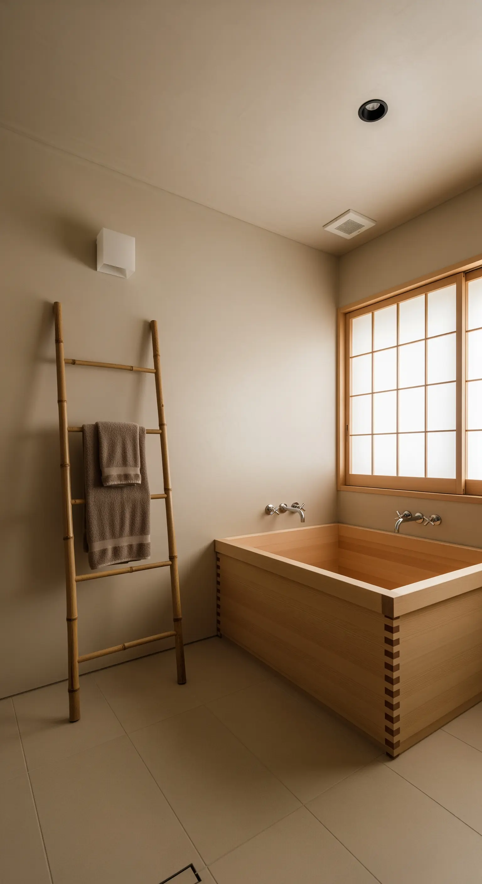 Japandi-Badezimmer mit einer hölzernen Badewanne, Bambusleiter und Shoji-Fenster.