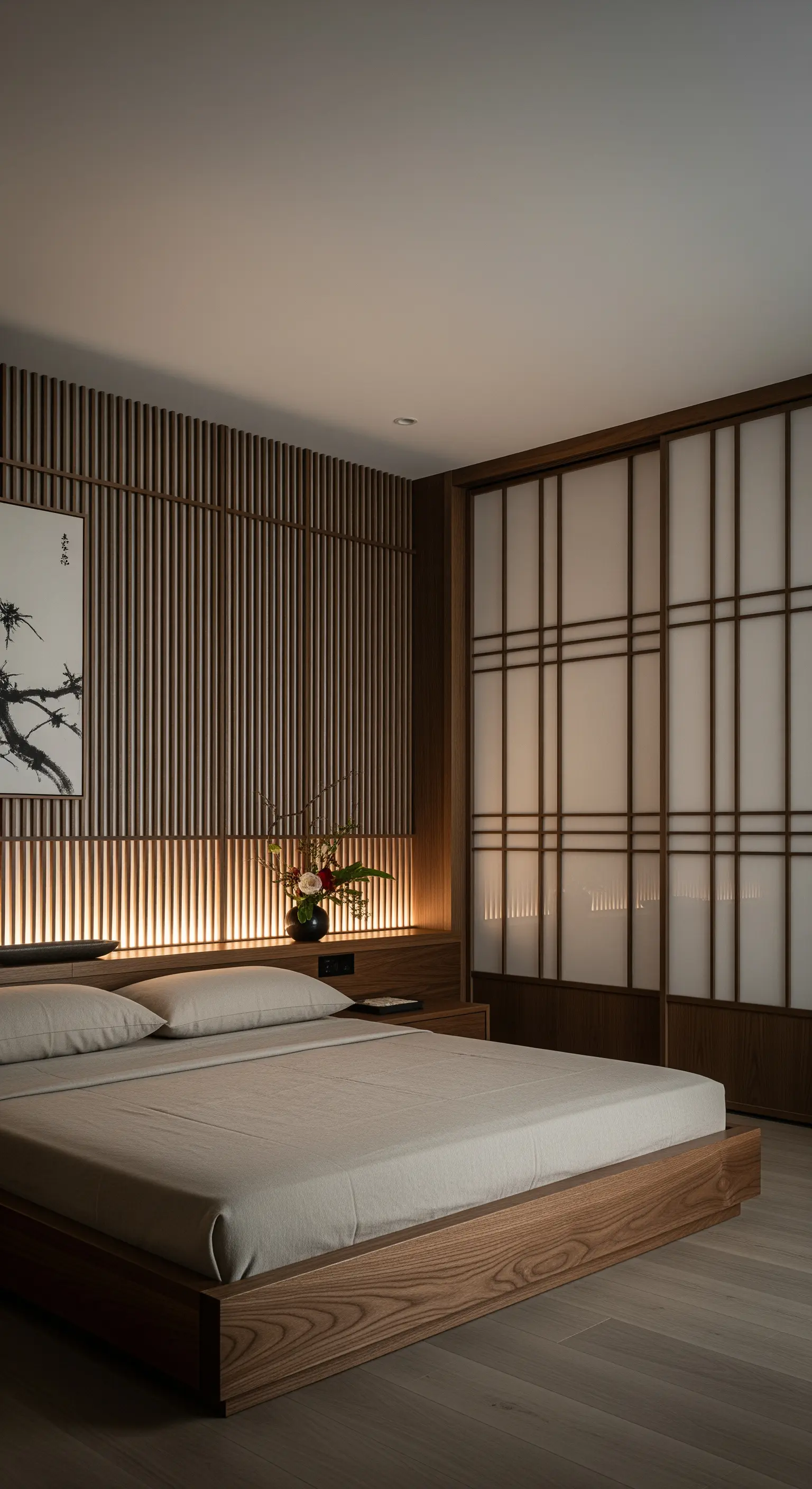 Schlafzimmer im Japandi-Stil mit Holzlamellenwand, indirekter Beleuchtung und niedrigem Holzbett.
