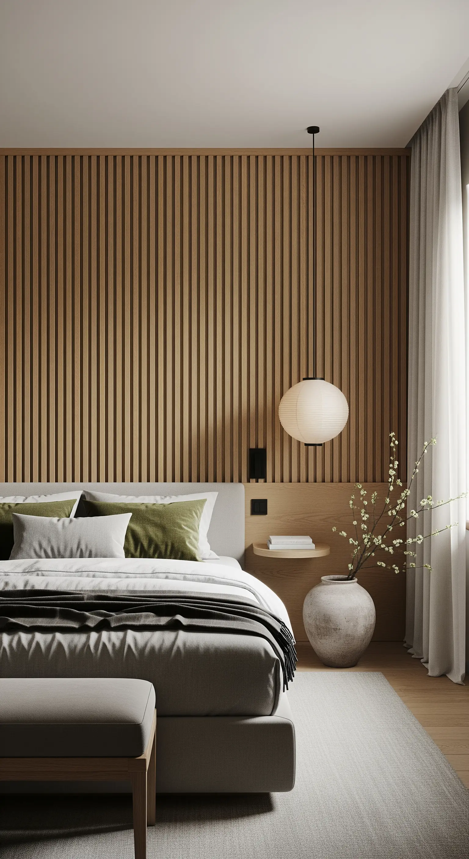 Helle Holzlamellenwand im Japandi-Stil mit integriertem Kopfteil und minimalistischer Hängeleuchte.