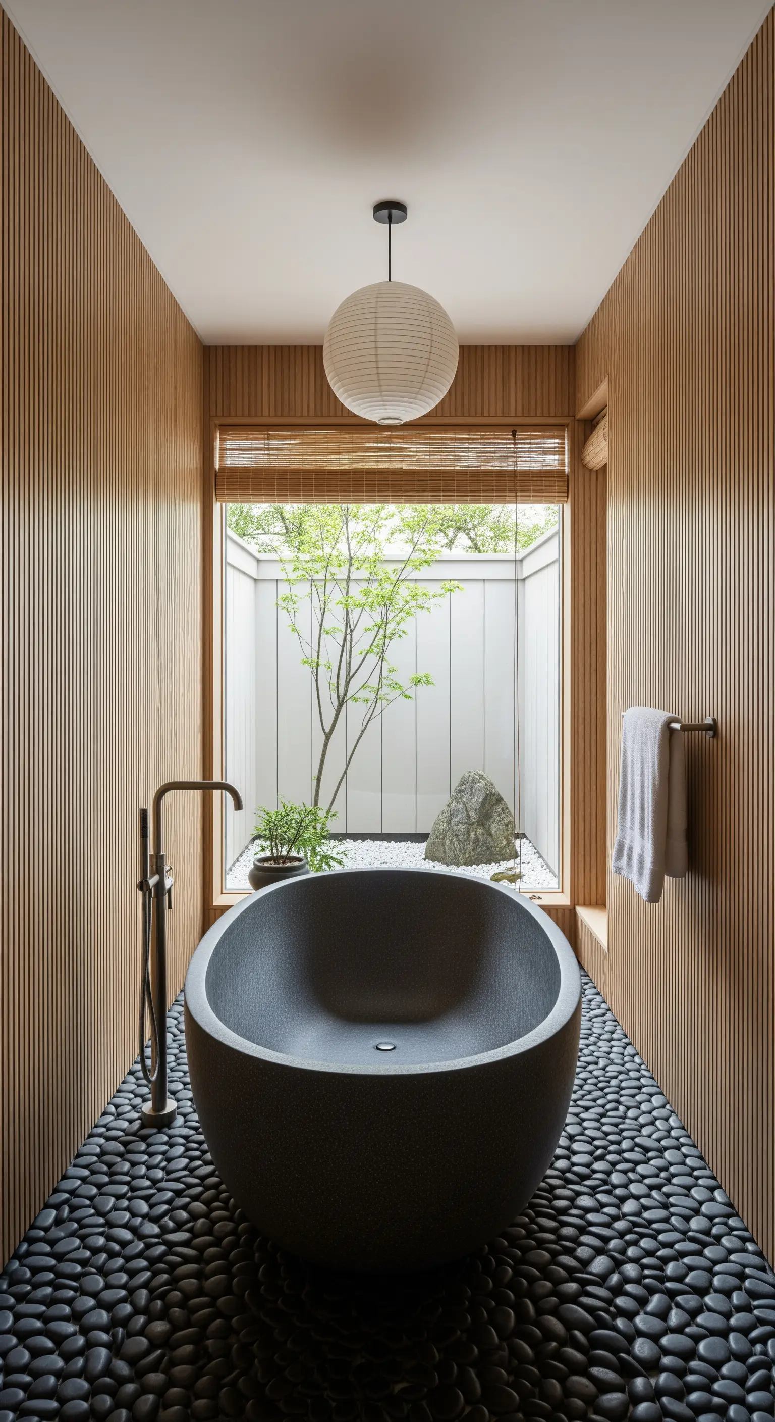 Freistehende Stein-Badewanne auf einem Boden aus schwarzen Kieselsteinen in einem Japandi-Badezimmer.