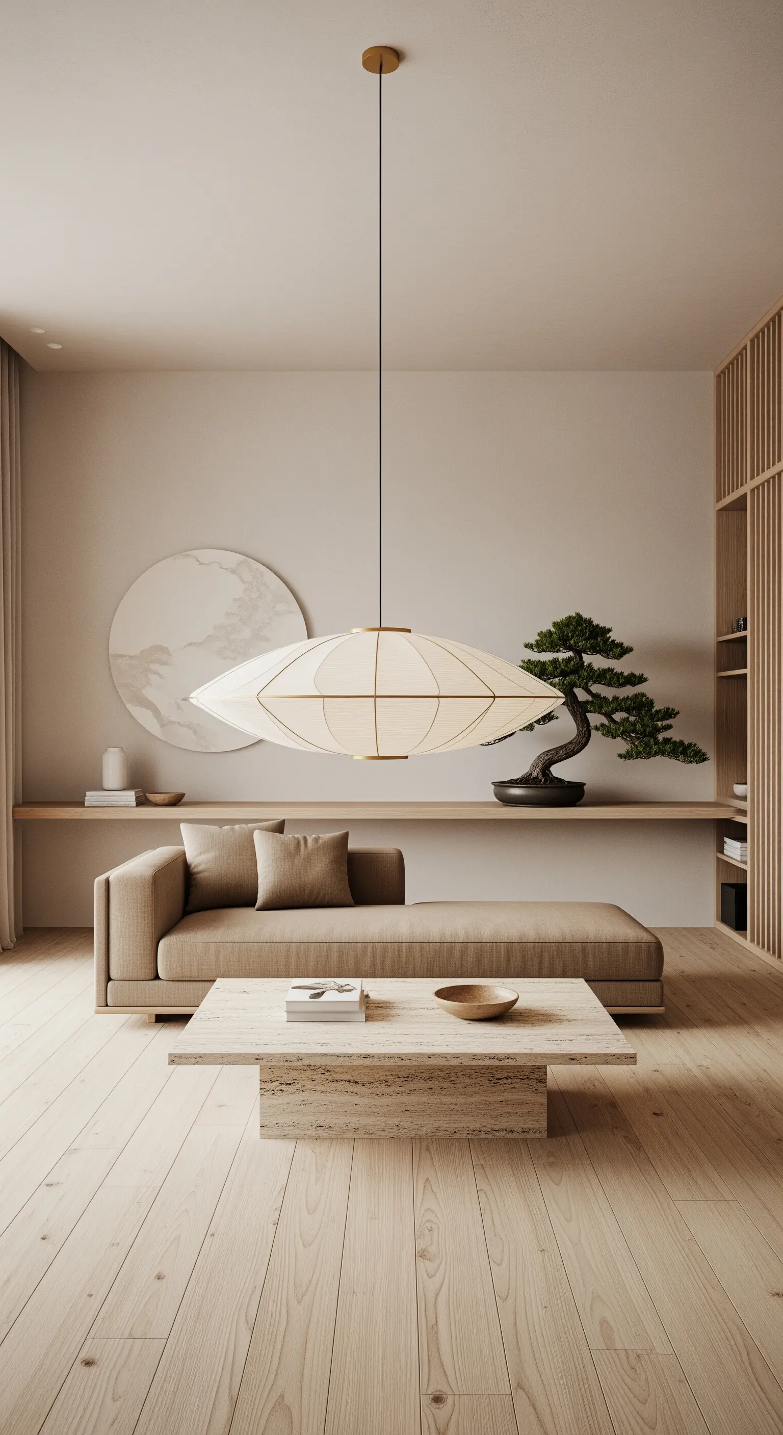 Japandi-Wohnzimmer mit niedrigem Sofa, Bonsai-Baum und Papier-Pendelleuchte.