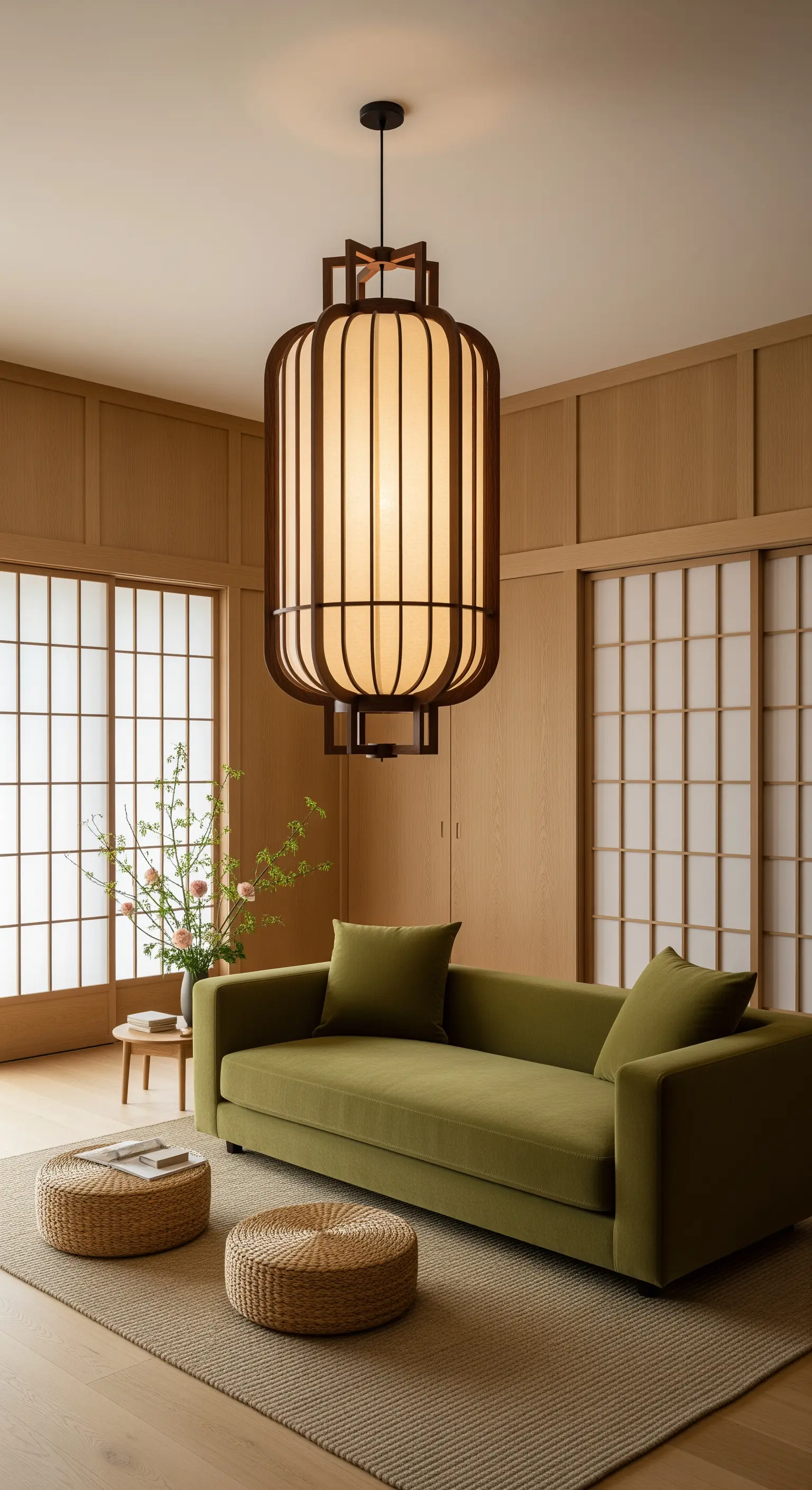 Olivgrünes Sofa in einem ruhigen Japandi-Raum mit Holzvertäfelung und Lampion-Leuchte.