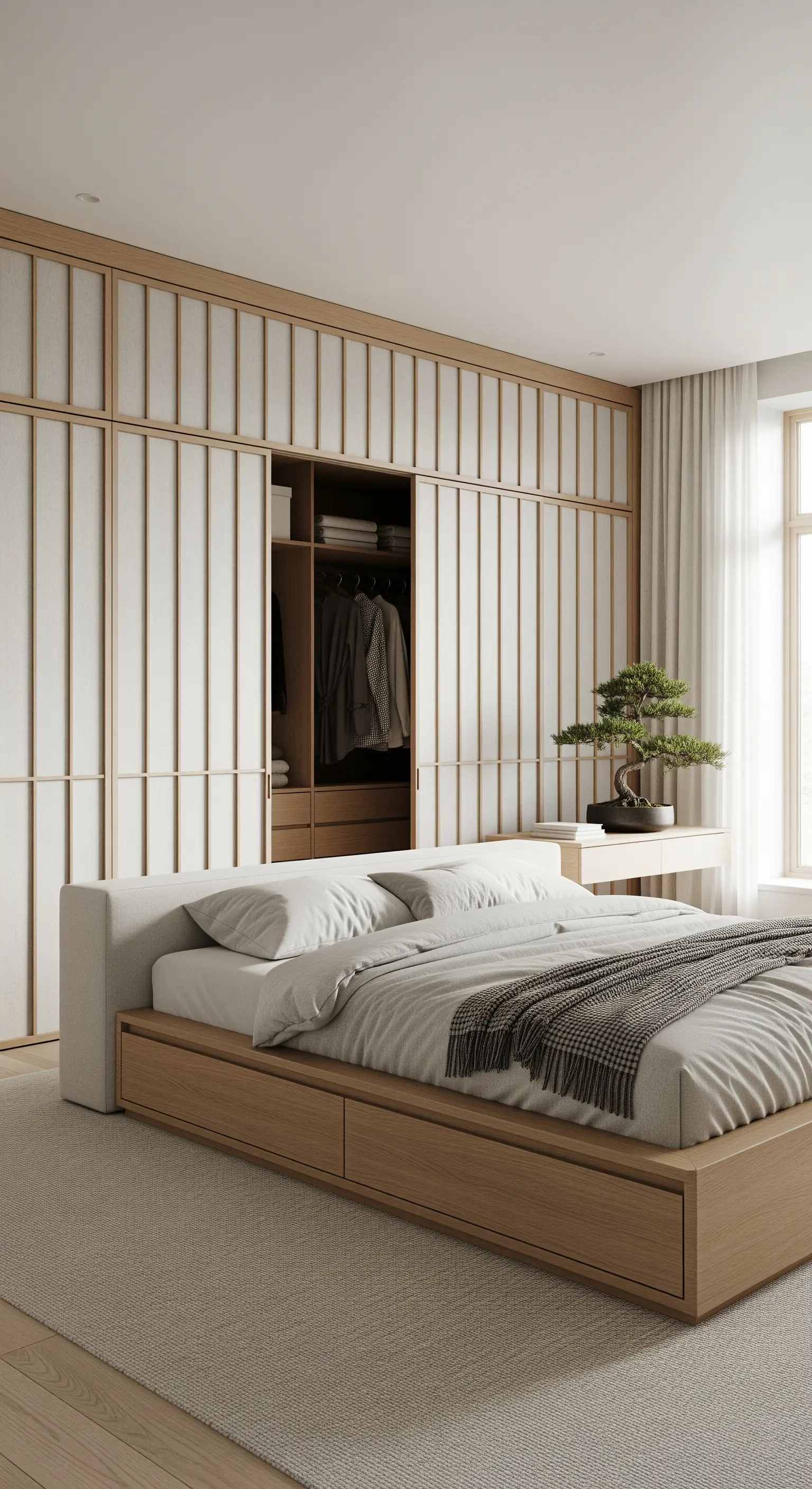 Japandi-Schlafzimmer mit Shoji-Schranktüren und Stauraum-Bett aus hellem Holz.