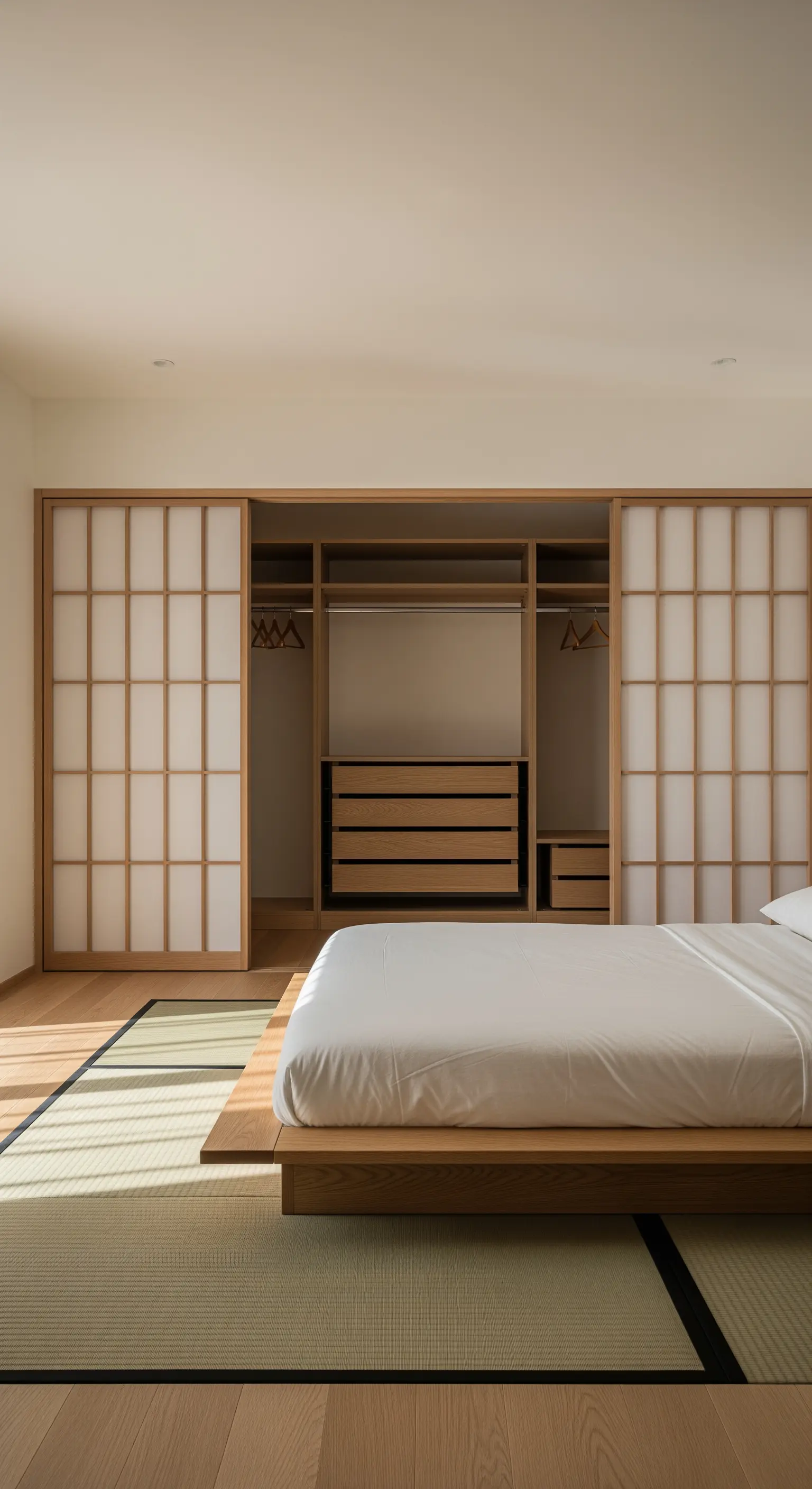 Japandi-Schlafzimmer mit Tatami-Matten und Shoji-Schiebetüren vor dem offenen Kleiderschrank