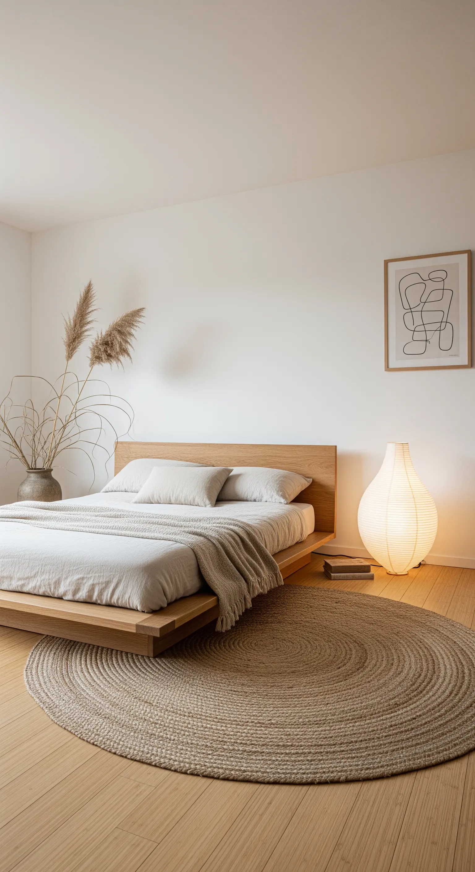 Minimalistisches Japandi-Schlafzimmer mit niedrigem Holzbett, Papierlampe und rundem Jute-Teppich
