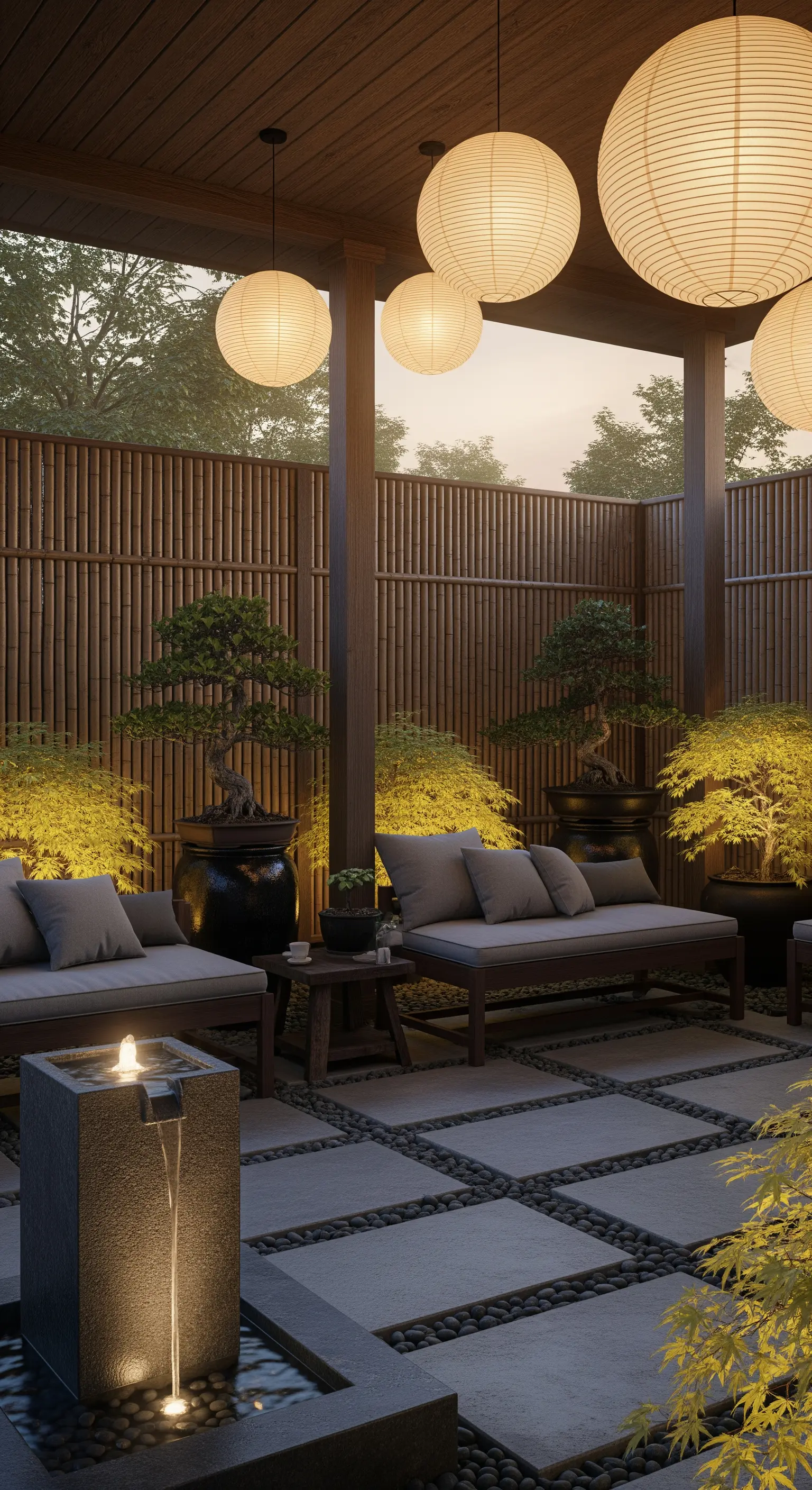 Japandi-Terrasse mit Bambuswand, Lounge-Möbeln, Papierlaternen