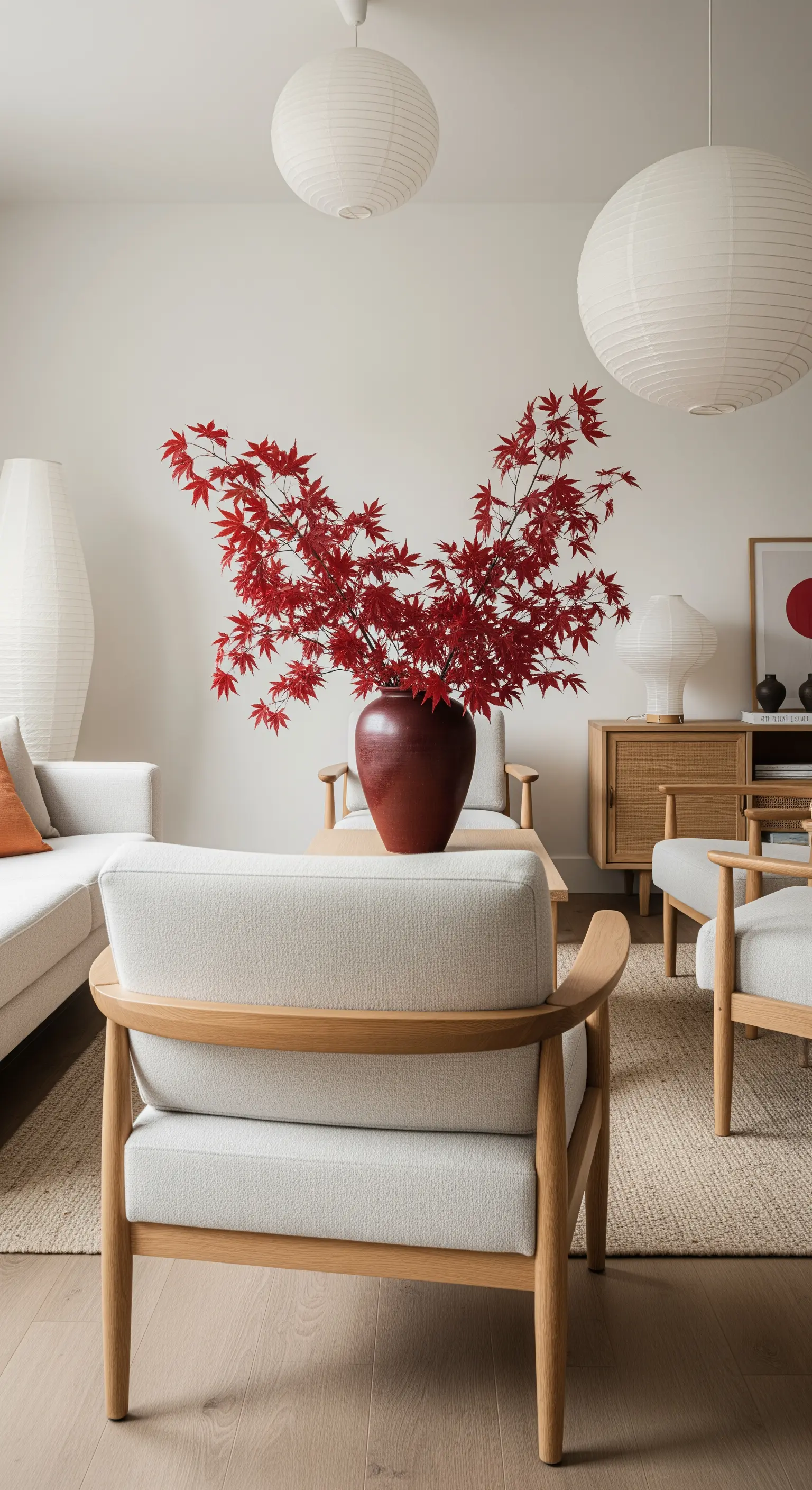 Japandi-Wohnzimmer mit rotem Ahornzweig, Papierlaternen und hellem Holz