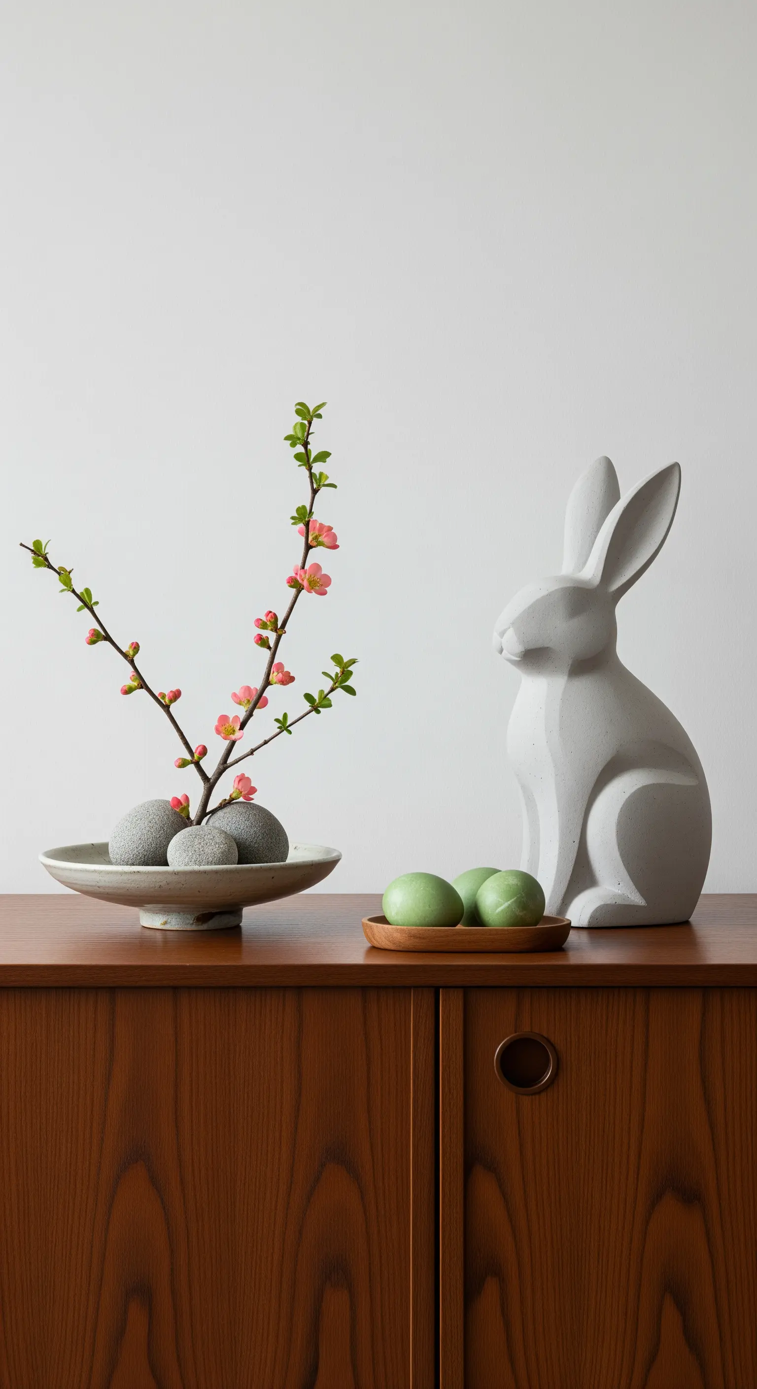 Minimalistische Osterdeko im Japandi-Stil mit Betonhase und Kirschblütenzweig.