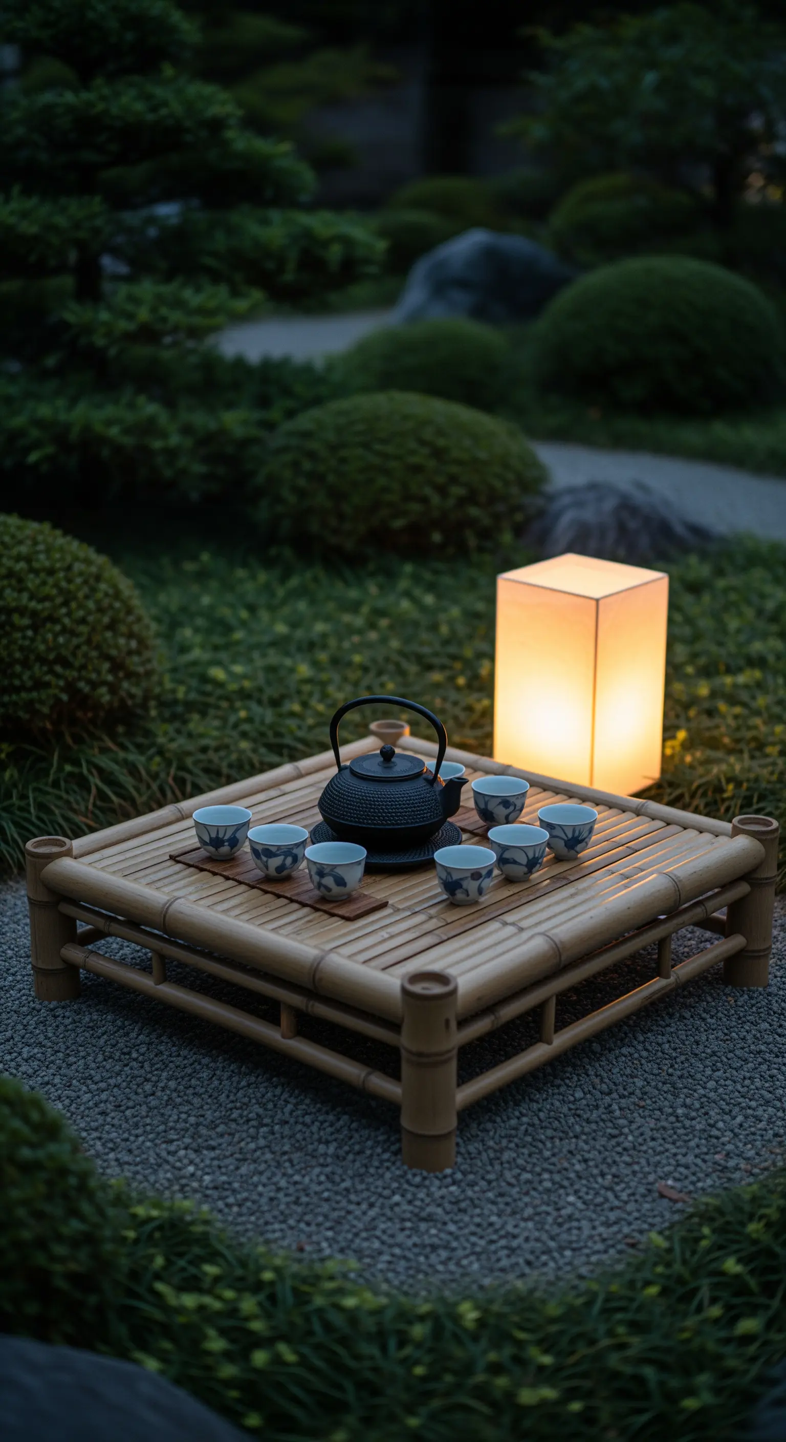 Japandi-Teestunde mit Gusseisen-Teekanne, Bambustablett und Papierlaterne im Garten