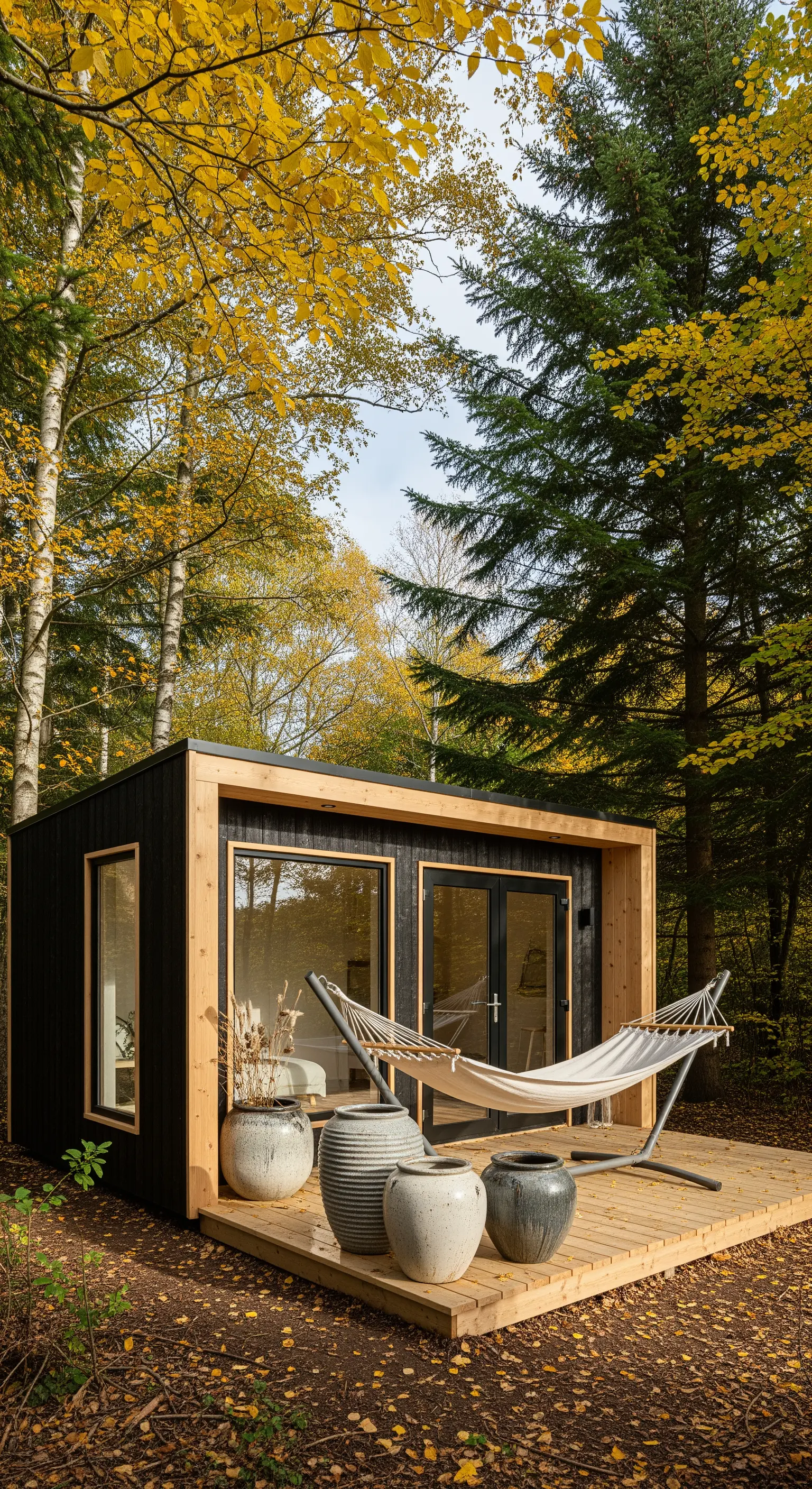 Moderne Holzhütte mit Japandi-Deck, Hängematte und Keramikvasen
